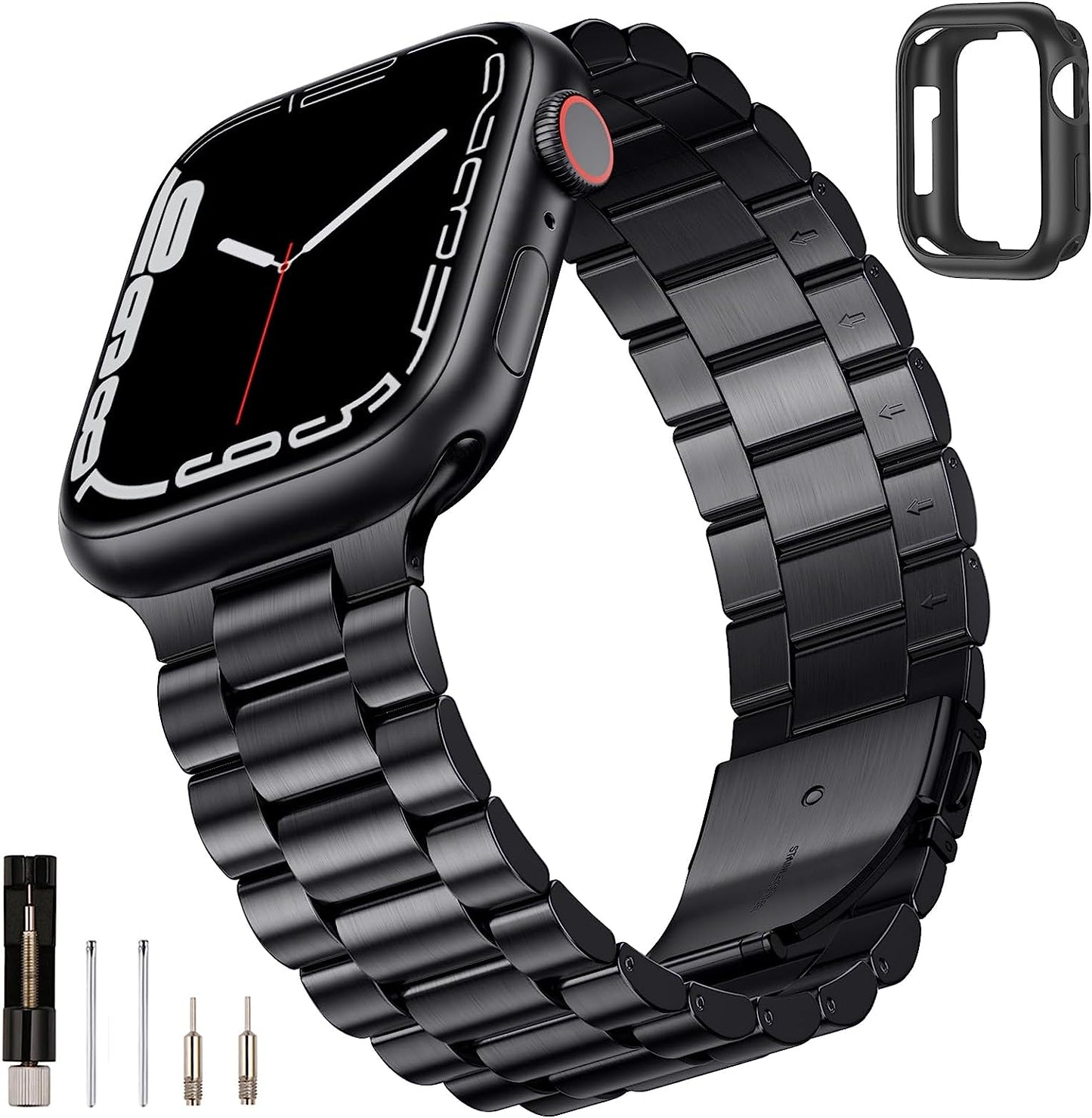 SUNFWR Compatible with Apple Watch Band 45Mm 44Mm 42Mm for Men Women, Stainless Steel Metal Iwatch Band with Case for Apple Watch Series 8/7/6/5/4/3/2/1/SE/SE2 (Black, 42Mm/44Mm/45Mm)  SUNFWR   
