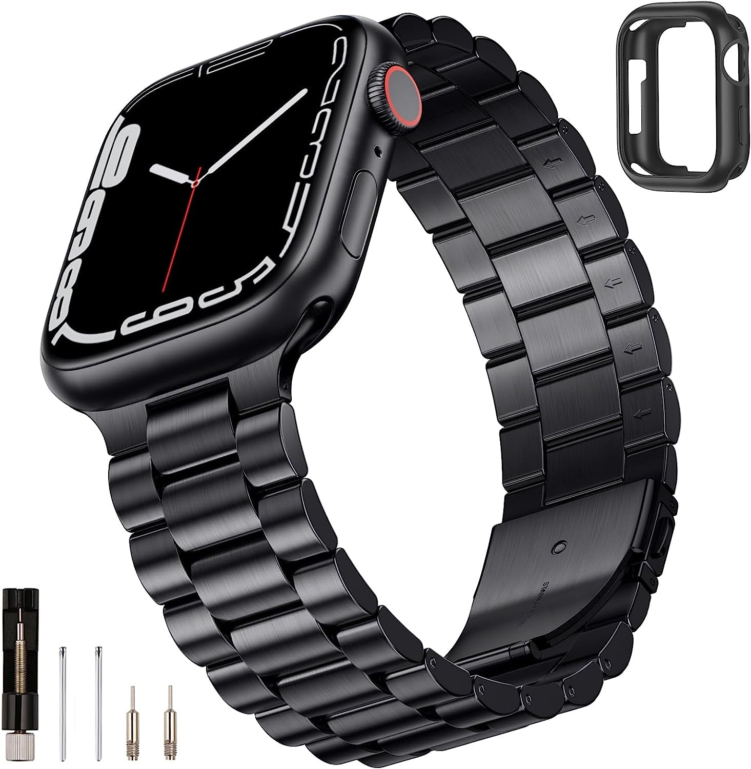 SUNFWR Compatible with Apple Watch Band 45Mm 44Mm 42Mm for Men Women, Stainless Steel Metal Iwatch Band with Case for Apple Watch Series 8/7/6/5/4/3/2/1/SE/SE2 (Black, 42Mm/44Mm/45Mm)  SUNFWR   
