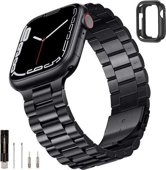 SUNFWR Compatible with Apple Watch Band 45Mm 44Mm 42Mm for Men Women, Stainless Steel Metal Iwatch Band with Case for Apple Watch Series 8/7/6/5/4/3/2/1/SE/SE2 (Black, 42Mm/44Mm/45Mm)  SUNFWR   