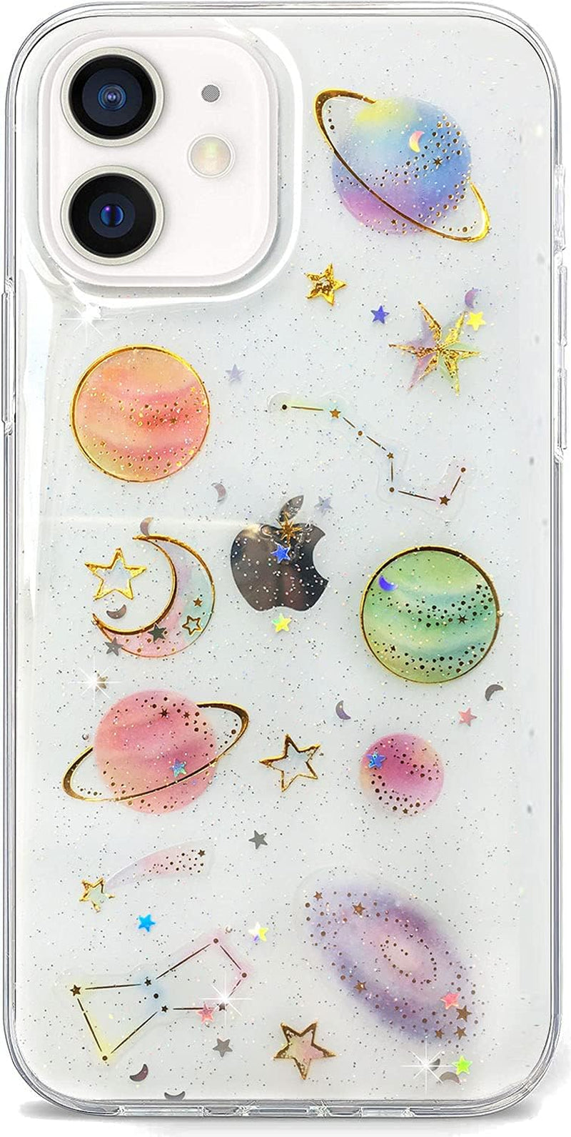 Abbery Designed for Iphone 12 Mini Case Glitter Flower Cute Bling Sparkle Clear with Design Soft Silicone TPU Real Dried Pressed Flowers Floral Aesthetic Phone Cover for Women Girls (3 Pink Flower)  Abbery Space Theme  