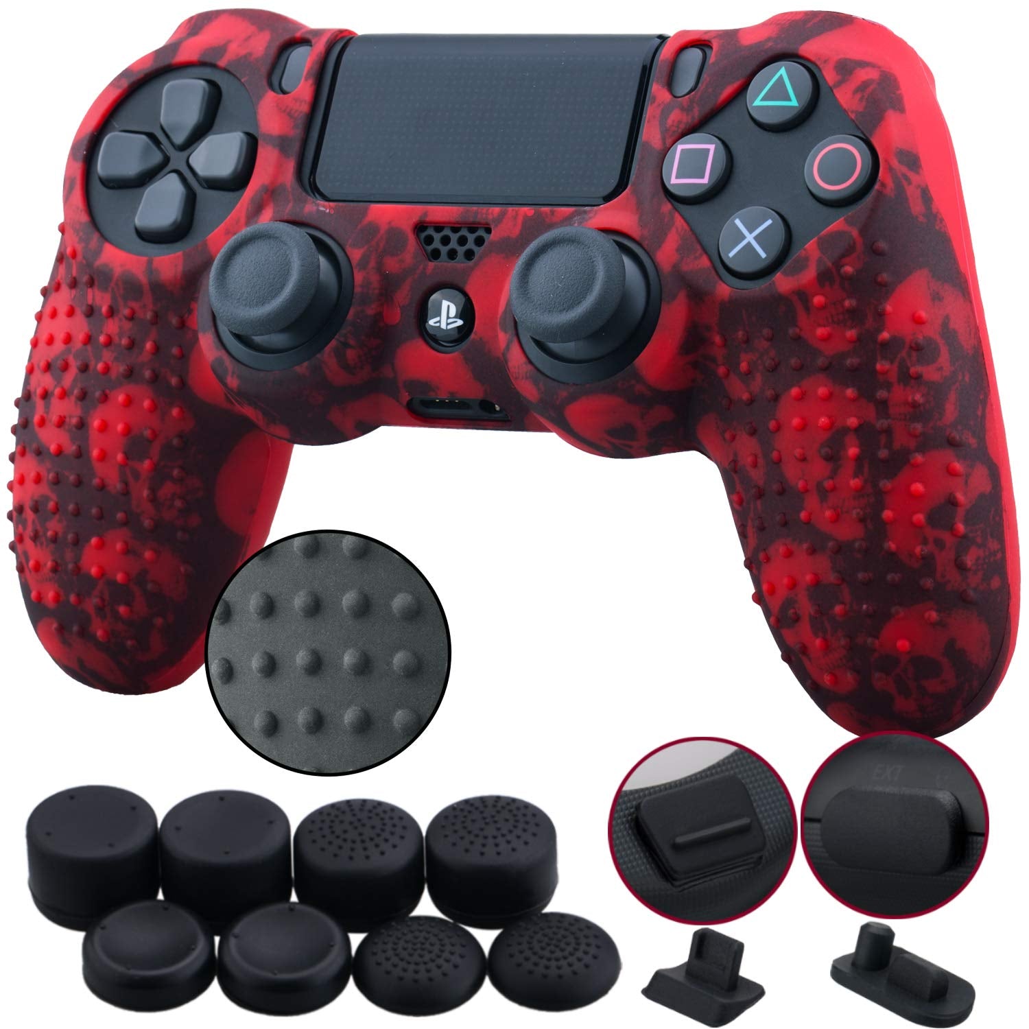 9Cdeer 1 Piece of Silicone Studded Water Transfer Protective Sleeve Case Cover Skin + 8 Thumb Grips Analog Caps + 2 Dust Proof Plugs for Ps4/Slim/Pro Dualshock 4 Controller, Skull Red  9CDeer   