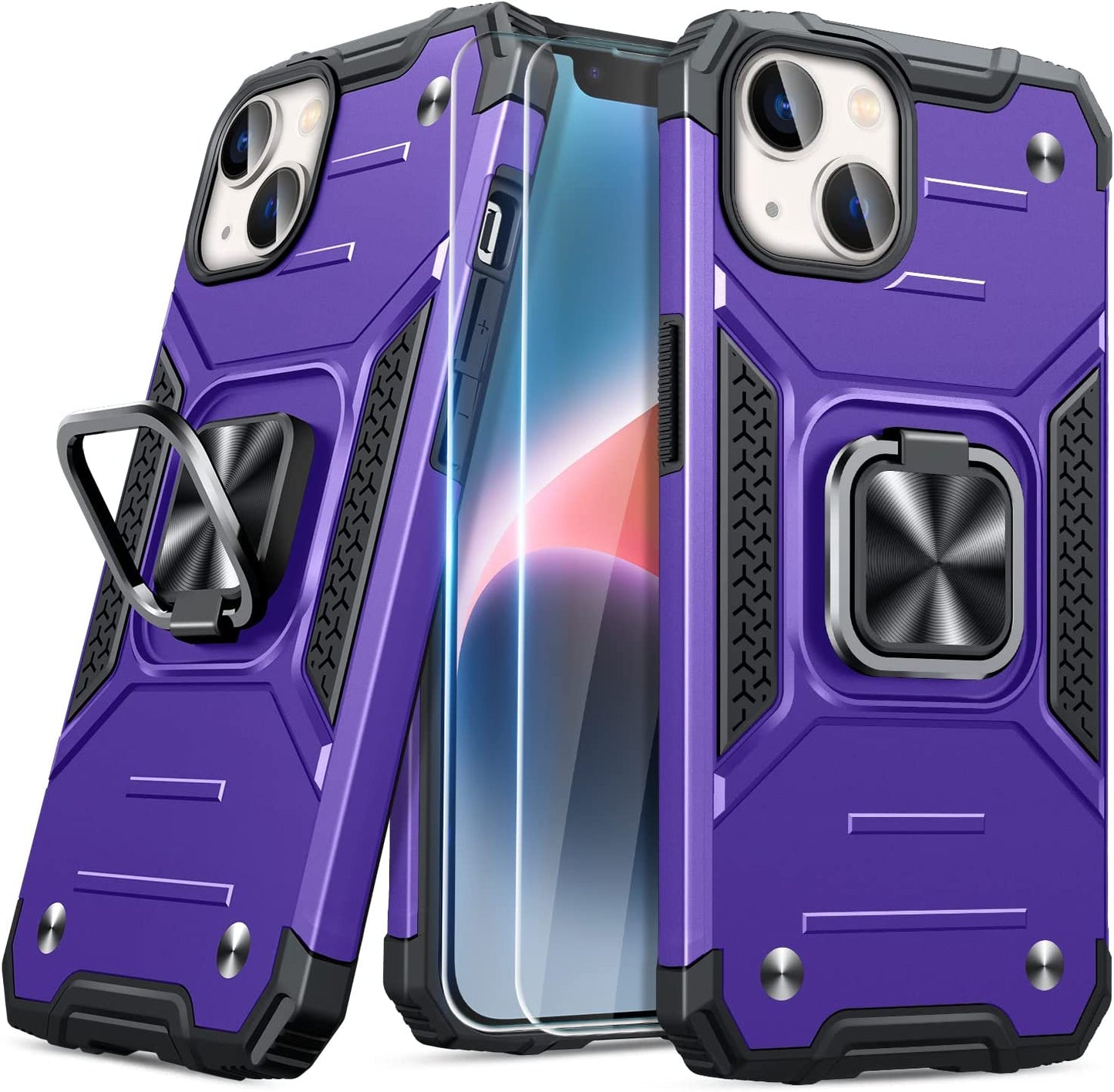 JAME for Iphone 14 Case with Screen Protector [2 PCS], Shockproof Bumper Case for Iphone 14 Case for Women & Men, Heavy-Duty Protection with Metal Ring Kickstand Case for Iphone 14, 6.1 Inch, Red  XJXIN Purple  