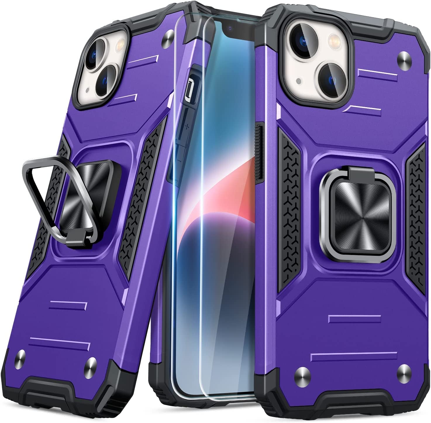 JAME for Iphone 14 Case with Screen Protector [2 PCS], Shockproof Bumper Case for Iphone 14 Case for Women & Men, Heavy-Duty Protection with Metal Ring Kickstand Case for Iphone 14, 6.1 Inch, Black  XJXIN Purple  