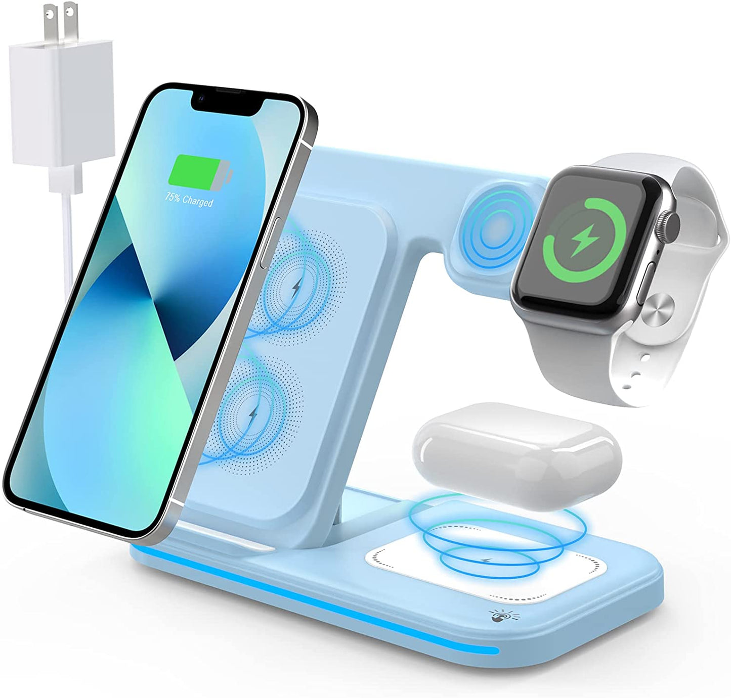 Charger Station for Apple Multiple Devices, 3 in 1 Fast Wireless Charger Stand Dock Foldable for Iphone 14 13 12 11 Pro X XS 8 plus Apple Watch Series 8 7 6 SE 5 4 3 2 & Airpods 3/2/Pro with Adapter  Shenzhen OJD Technology Co.，LTD Blue  