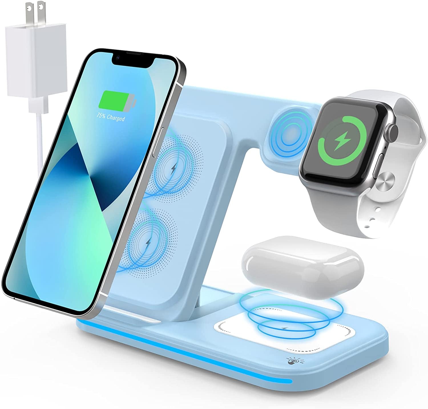 Charger Station for Apple Multiple Devices, 3 in 1 Fast Wireless Charger Stand Dock Foldable for Iphone 14 13 12 11 Pro X XS 8 plus Apple Watch Series 8 7 6 SE 5 4 3 2 & Airpods 3/2/Pro with Adapter  Shenzhen OJD Technology Co.，LTD Blue  
