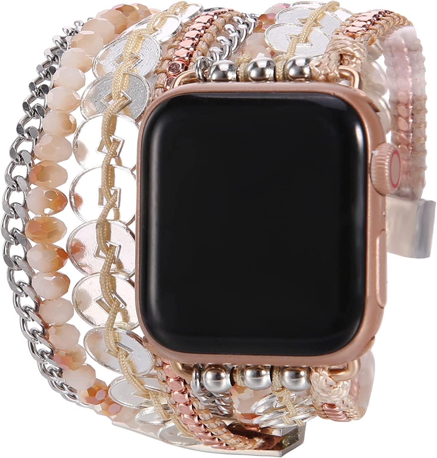 BOKIIWAY Boho Watch Bracelet Compatible with Apple Watch Series 8/7/6/5/4/3/2/1/SE – Bohemian Watch Band for Women – Handmade Braided Leather Watch Strap with Crystal Beads – Greyscale Modern Watch Strap  BOKIIWAY Gold 42/44/45mm 