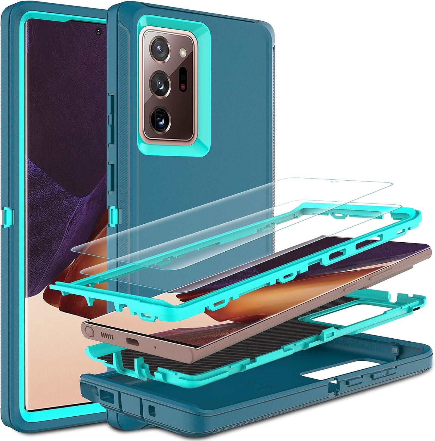 HONG-AMY for Note 20 Ultra Case, Galaxy Note 20 Ultra Case with Self Healing Flexible TPU Screen Protector [2 Pack], 3 in 1 Heavy Duty Protection Case for Samsung Note 20 Ultra 5G(Black/Grey)  HONG-AMY Blue/Turquoise  