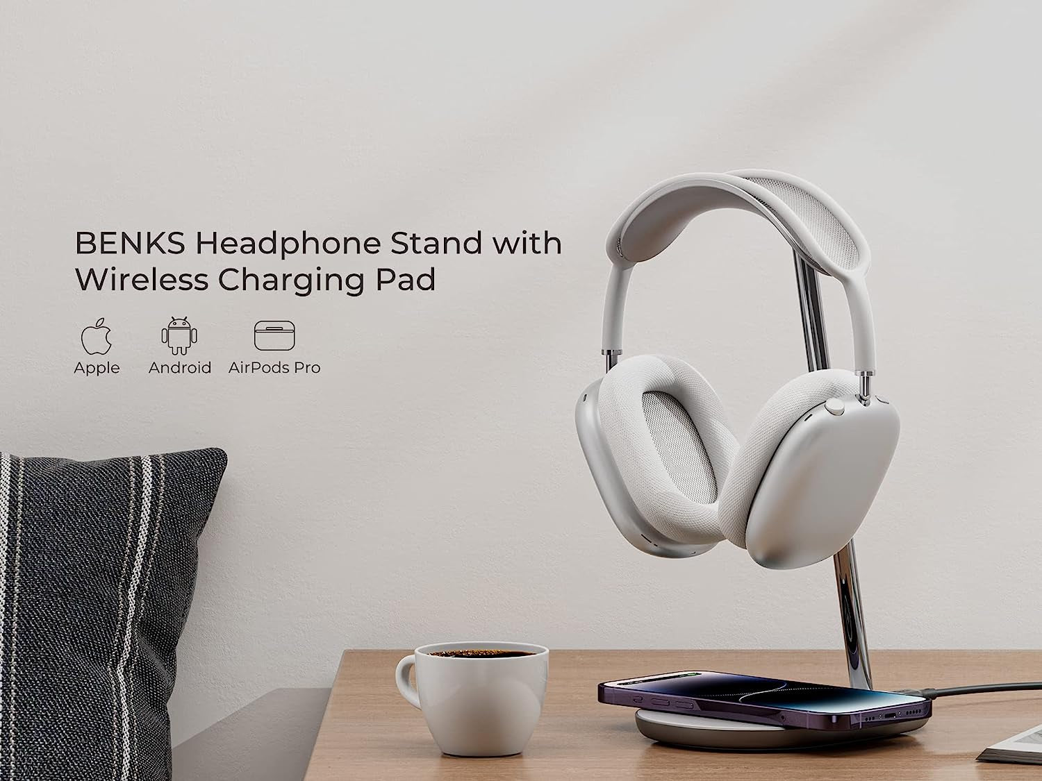BENKS Airpods Max Stand with Wireless Charging Pad for Iphone,Android Phone,Airpods,Headphone Stand for Desk,Headphone Holder,Universal Gaming Headset Stand Compatible with Airpods Max,Beats,Bose  BENKS   