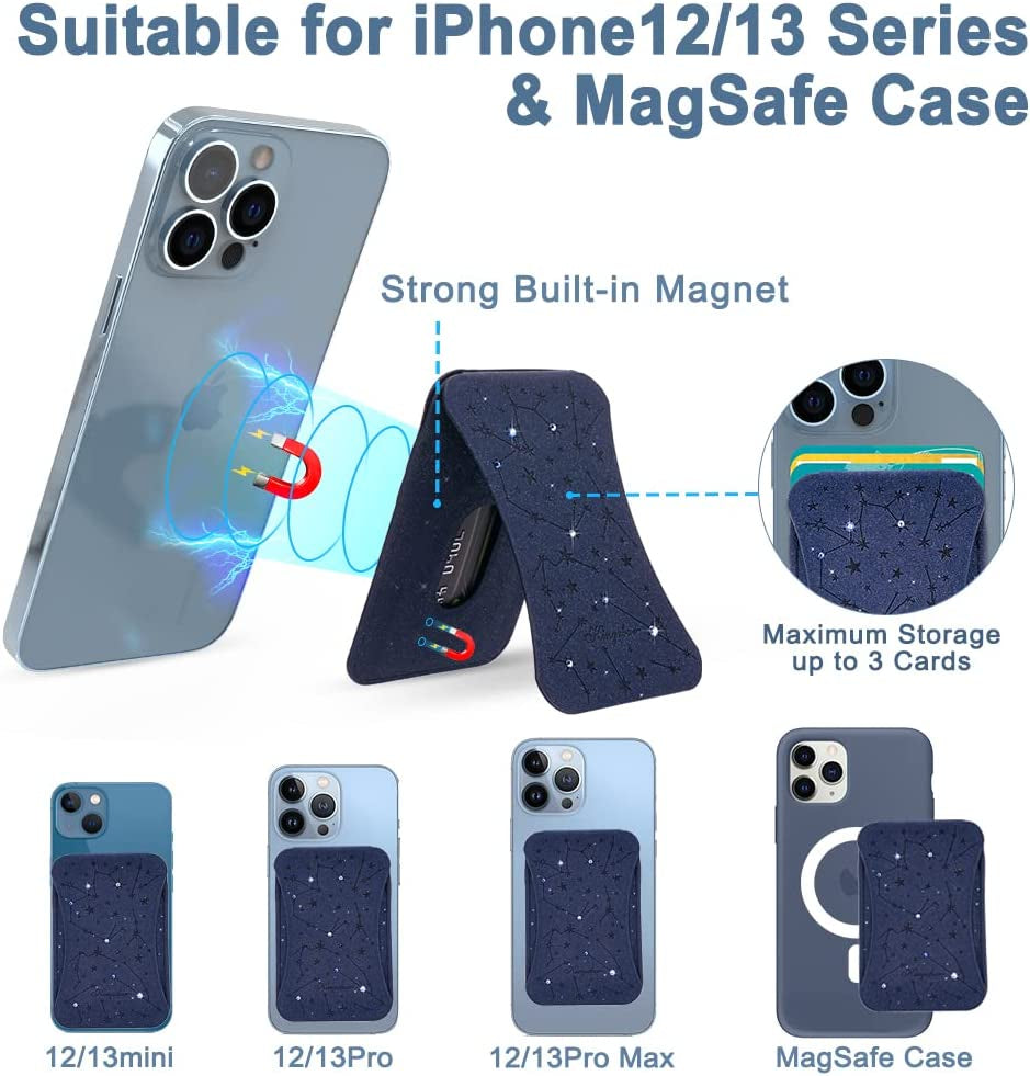 Magnetic Wallet Stand Card Holder Compatible with Magsafe for Iphone 11 12 13 14 Promax, Samsung Galaxy S22 23 Ultra, with Extra 2 Megnet Rings, Blue  KINGXBAR   