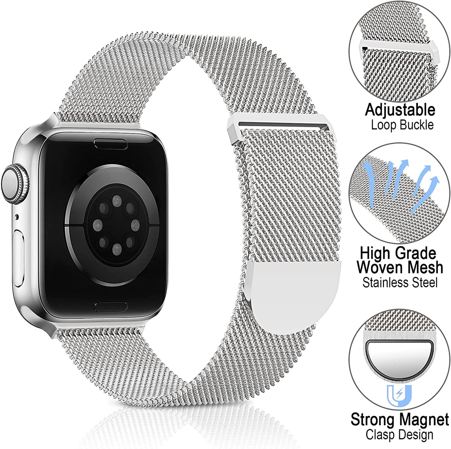Sunnywoo Metal Stainless Steel Band Compatible with Apple Watch Bands 38Mm 40Mm 41Mm 42Mm 44Mm 45Mm 49Mm,Metal Loop Adjustable Magnetic Strap for Iwatch Series Ultra 8 7 6 5 4 3 2 SE 1 for Women Men  Sunnywoo   