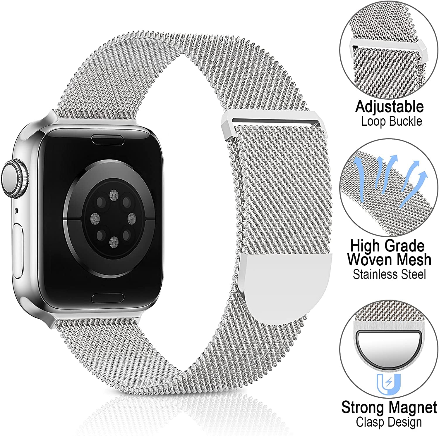 Sunnywoo Metal Stainless Steel Band Compatible with Apple Watch Bands 38Mm 40Mm 41Mm 42Mm 44Mm 45Mm 49Mm,Metal Loop Adjustable Magnetic Strap for Iwatch Series Ultra 8 7 6 5 4 3 2 SE 1 for Women Men  Sunnywoo   