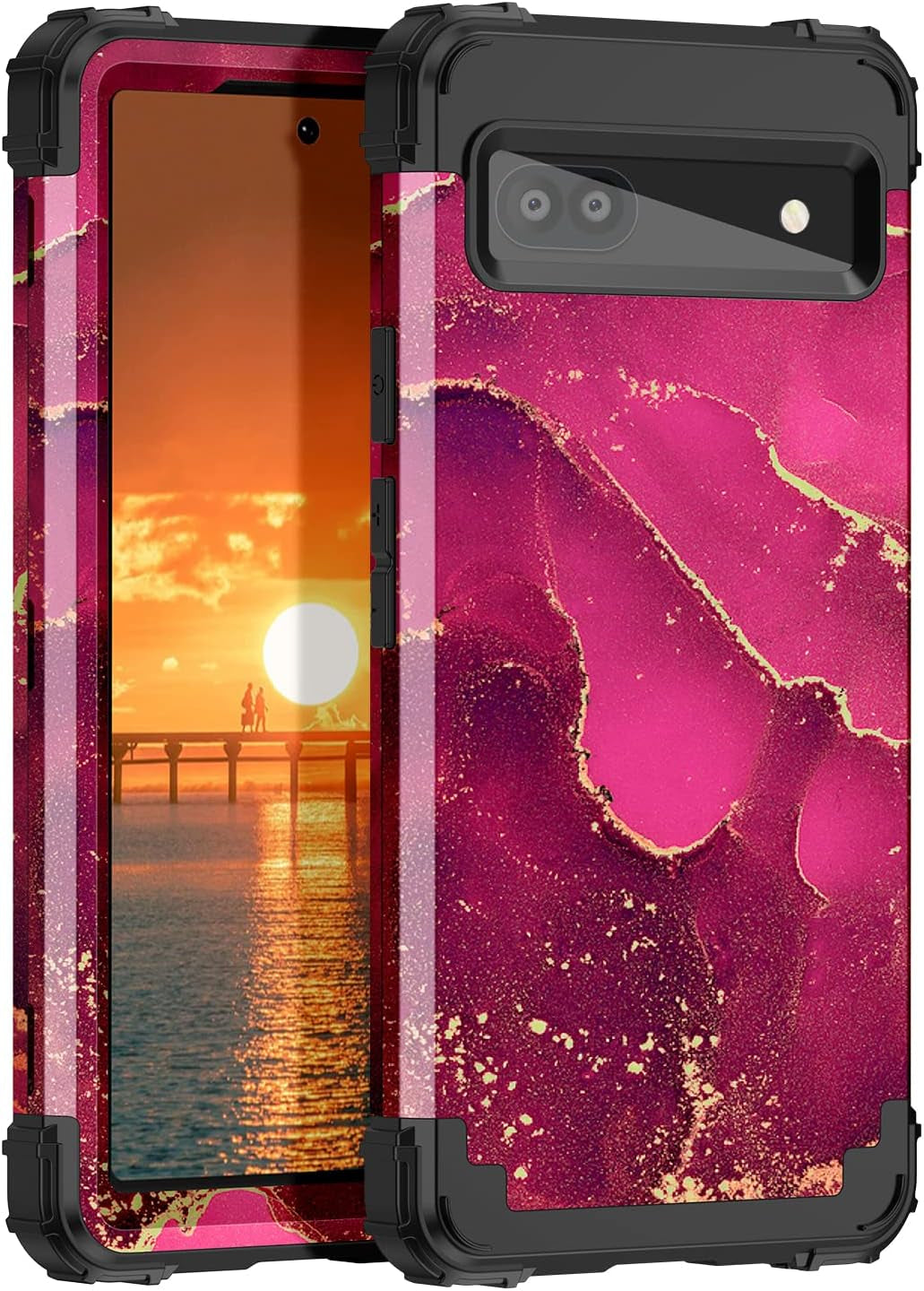 Hekodonk Google Pixel 6A Case (2022) - Heavy Duty Shockproof Hybrid Protection, Hard Plastic & Silicone Rubber, 3-In-1 Drop Protective - Blue Golden  Hekodonk Winered Marble  