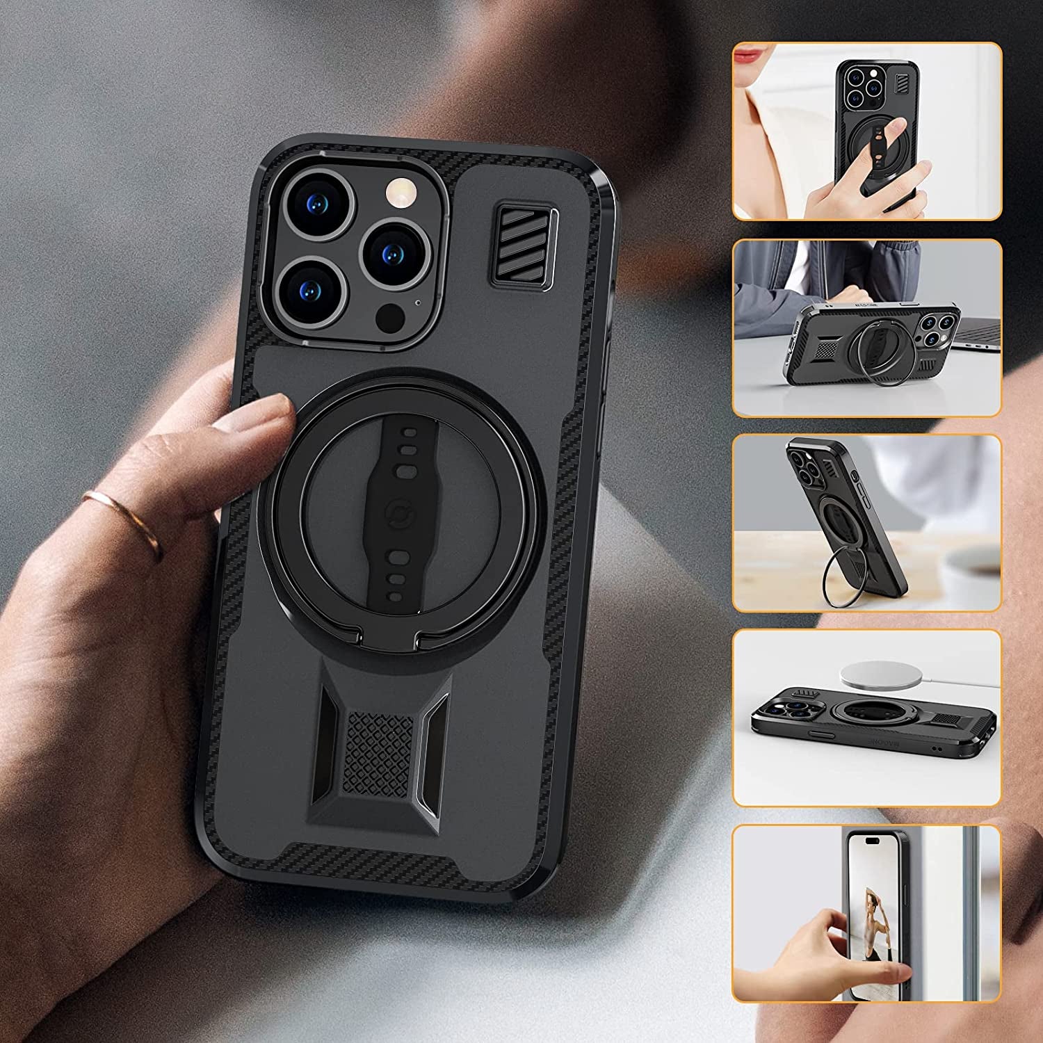 EWA Magone Case Designed for Iphone 14 Pro Max Case Compatible with Magsafe with Ring Stand, Strap Grip, Dual Magnet Stick to Metal, Rugged Shockproof Protective (Black)  EWA   