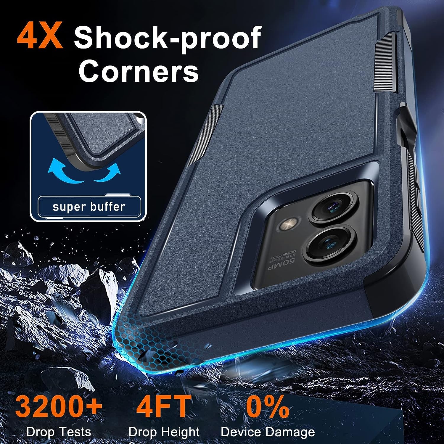 For Motorola Moto G Stylus 5G 2023 Case [Not Fit 4G or 2022 Version], Heavy Duty Rugged Shockproof Protective Phone Cover with Lanyard Strap and Tempered Glass Screen Protector,2023 Navy Blue  RMOCR   