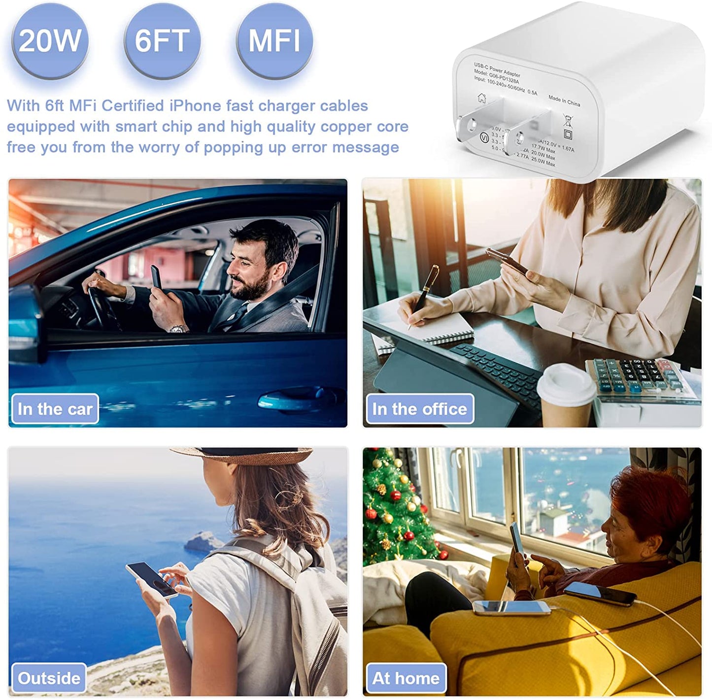 3 Pack Iphone Fast Charger [Apple Mfi Certified], 20W PD USB C Wall Charger Adapter with 3 Pack 6FT Type C to Lightning Cable Compatible with Iphone 14/13/13 Pro/12/12 Mini/Pro/Pro Max and More-White  SYDGPZ   