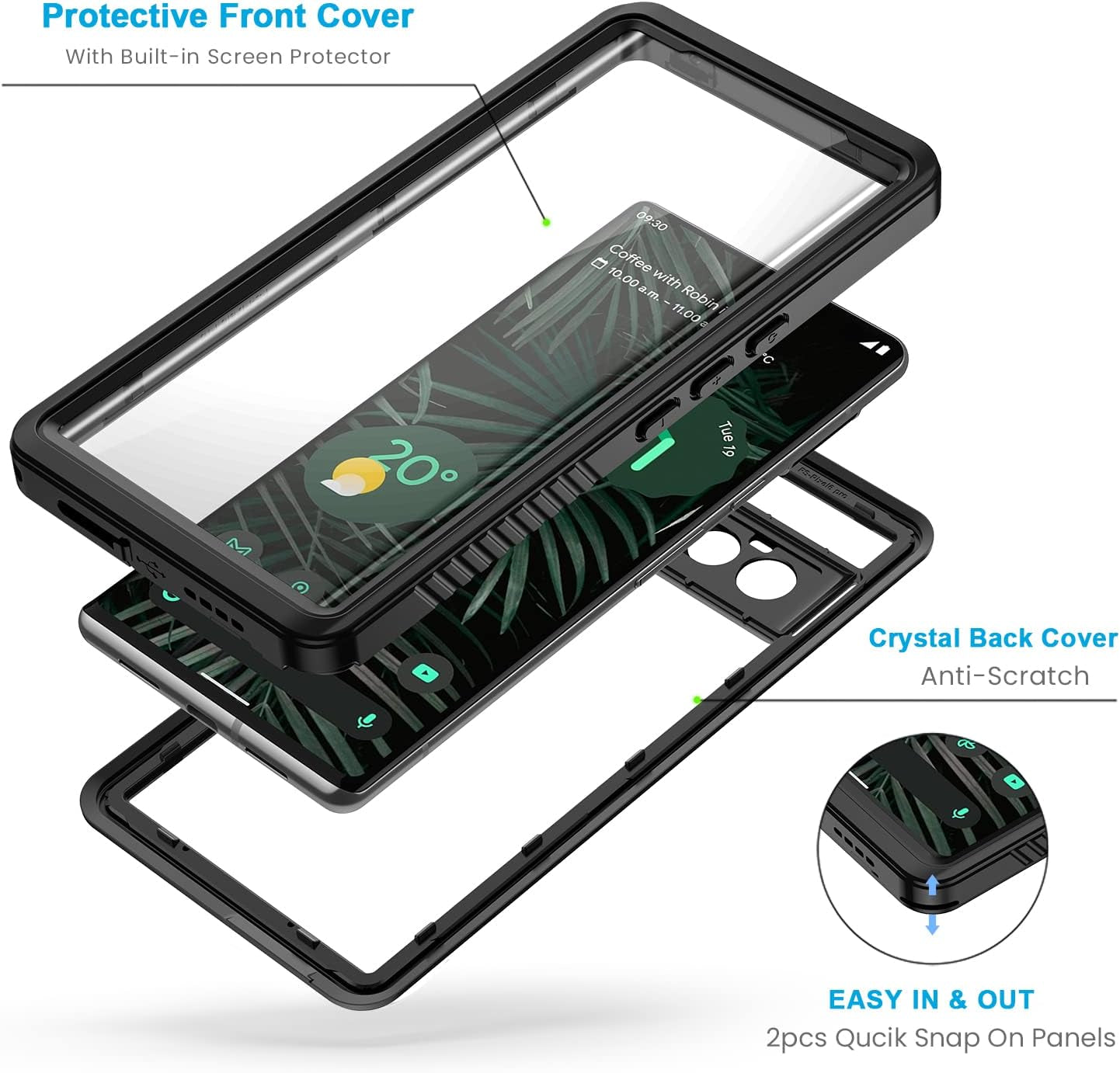 Lanhiem Pixel 6 Pro Case, IP68 Waterproof Dustproof Case with Built-In Screen Protector, Rugged Full Body Shockproof Protective Case for Google Pixel 6 Pro, Black/Clear  Lanhiem   