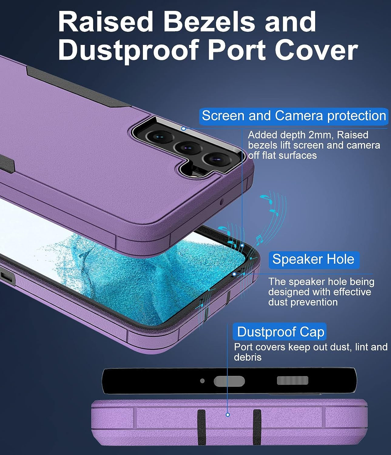 Dahkoiz for Samsung Galaxy S22 Case, Dust-Proof Port Cover, Full Body Durable Silicone Rubber Phone Case for Samsung Galaxy S22 5G, Black/Purple  UNISMART INC   
