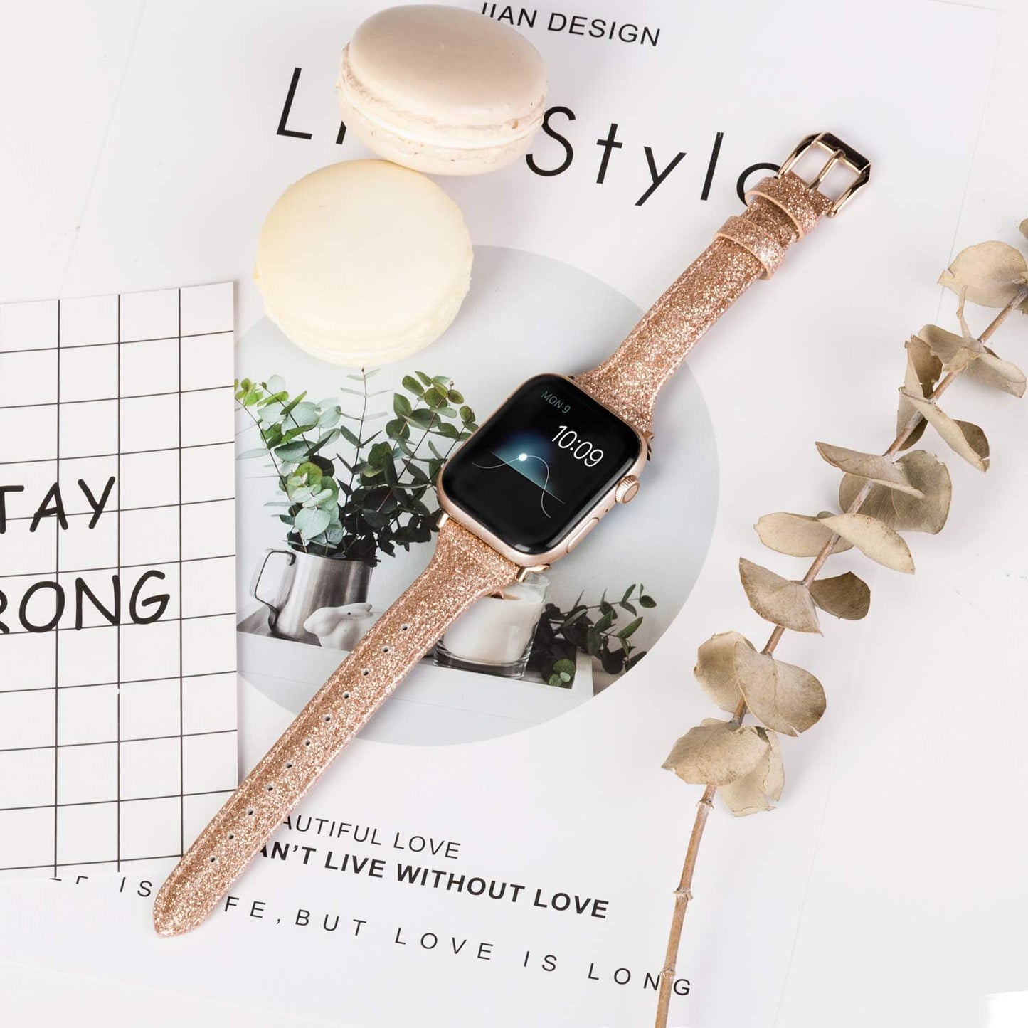 Wearlizer Rose Gold Leather Compatible with Apple Watch Leather Bands 38Mm 40Mm 41Mm Womens for Iwatch Series 8 7 6 5 4 3 2 1 SE Shiny Slim Smooth Wristband Bling Glitter Strap (Gold Clasp)  Wearlizer   