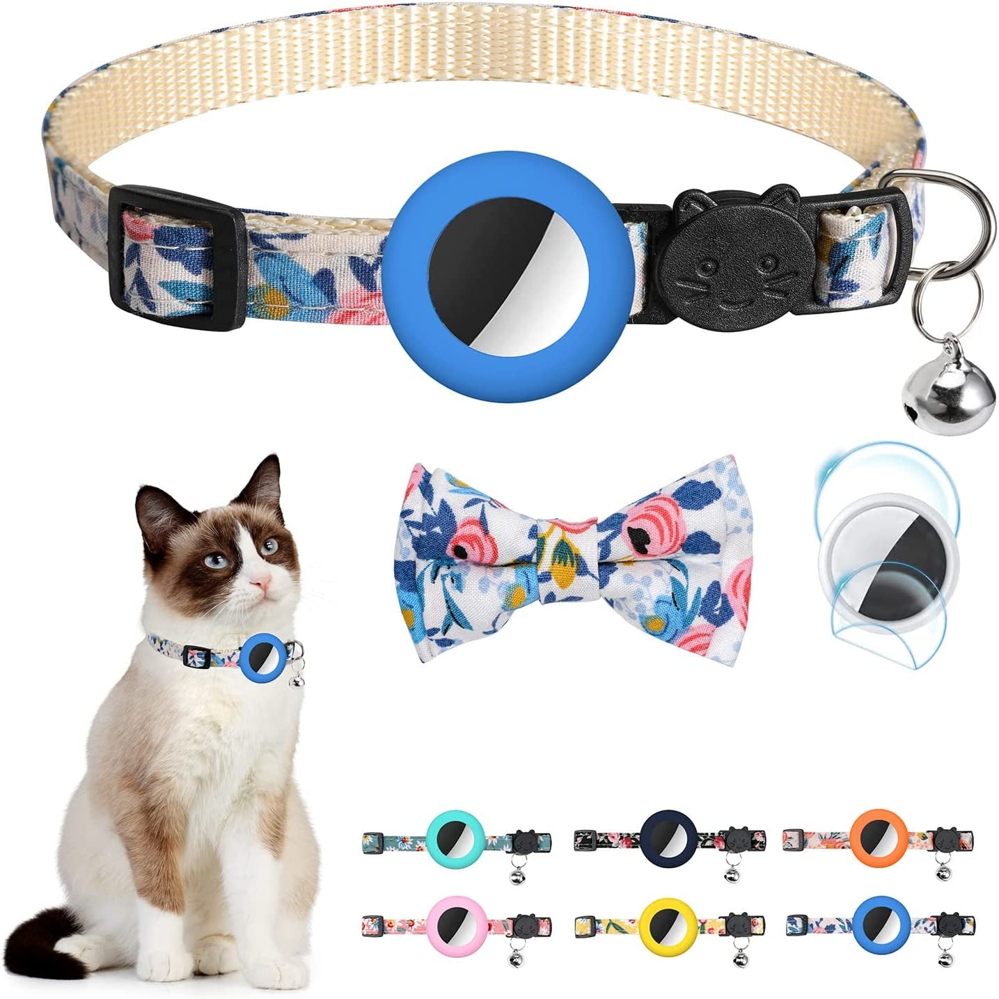 Airtag Cat Collar with Bell Adjustable Breakaway Kitten Collars:- Safety Buckle and Silicone Air Tag Holder Case Compatible with Apple Airtag Geometric Pattern Pet Collar (Pink)  OEBEESA cat collar-Blue  