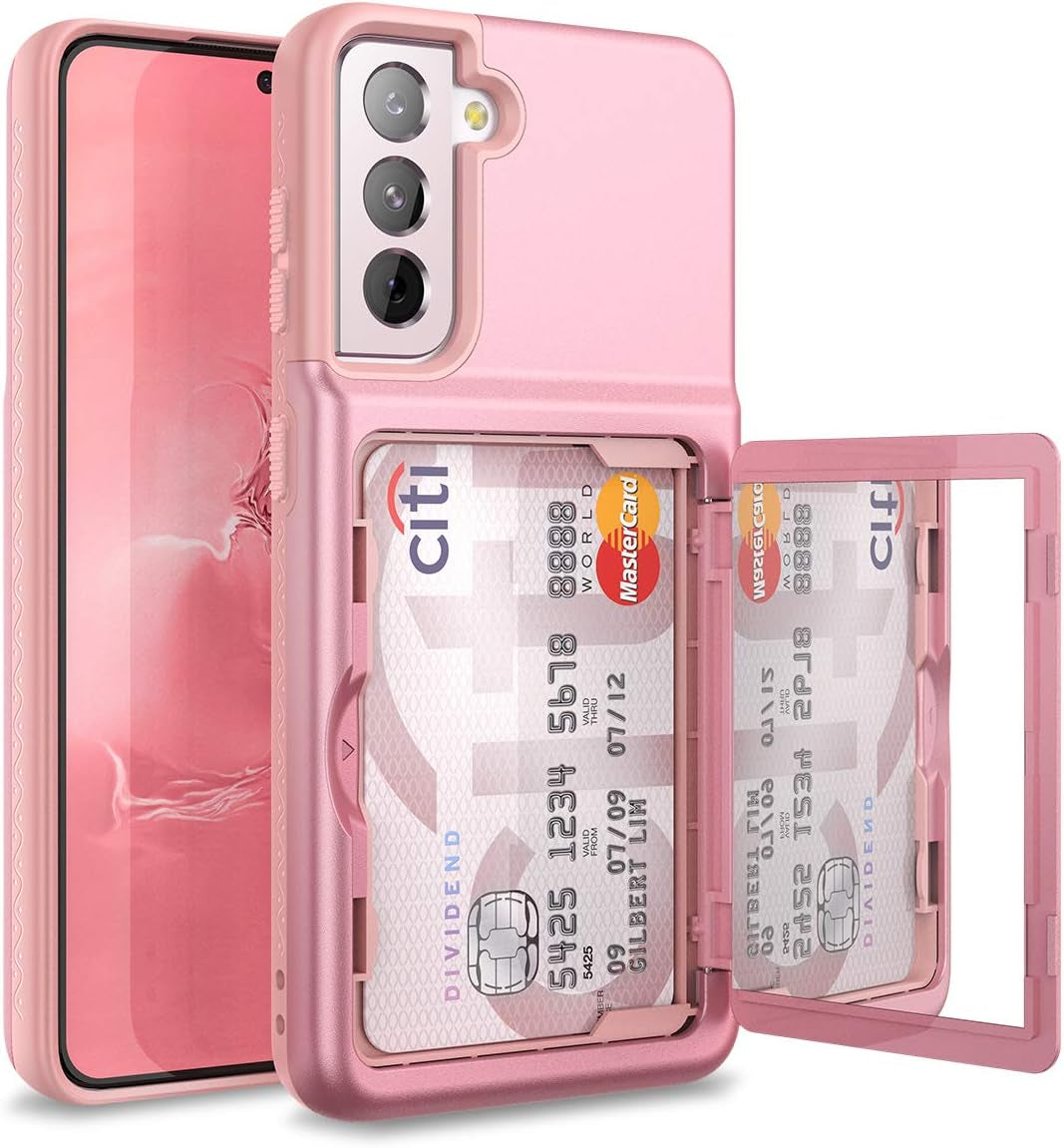 Welovecase for Samsung Galaxy S21 Wallet Case with Credit Card Holder & Hidden Mirror, Defender Protective Shockproof Heavy Duty Protection Phone Cover for Samsung Galaxy S21 5G, 6.2 Inch Black  WeLoveCase Rose Gold  