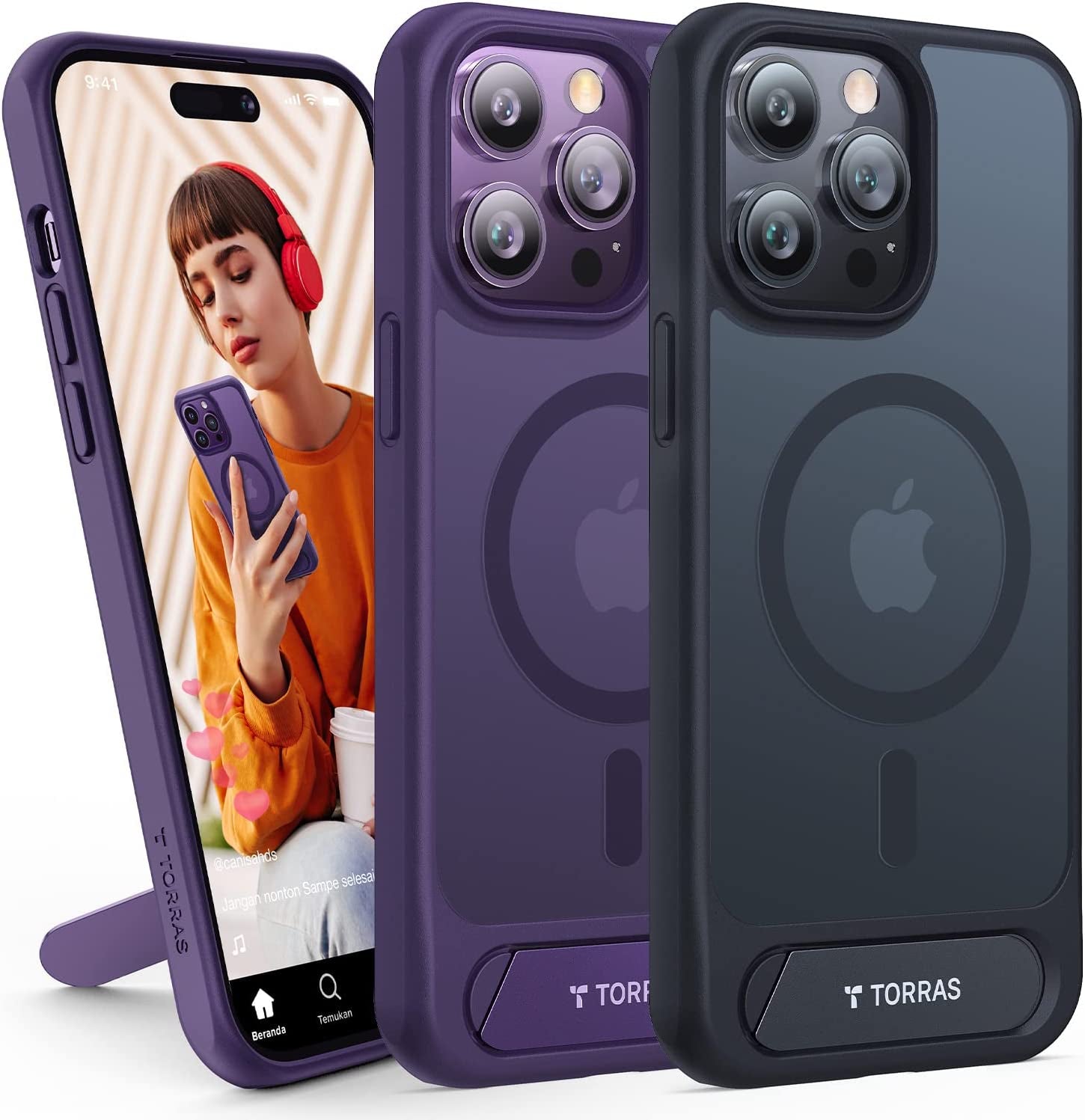 TORRAS 2-In-1 Magnetic Case with Stand Designed for Iphone 14 Pro Case [Military Grade Drop Tested] [Compatible with Magsafe] Slim Translucent Matte Case for Iphone 14 Pro Phone Case 6.1", Purple  TORRAS 1-Black iPhone 14 Pro 