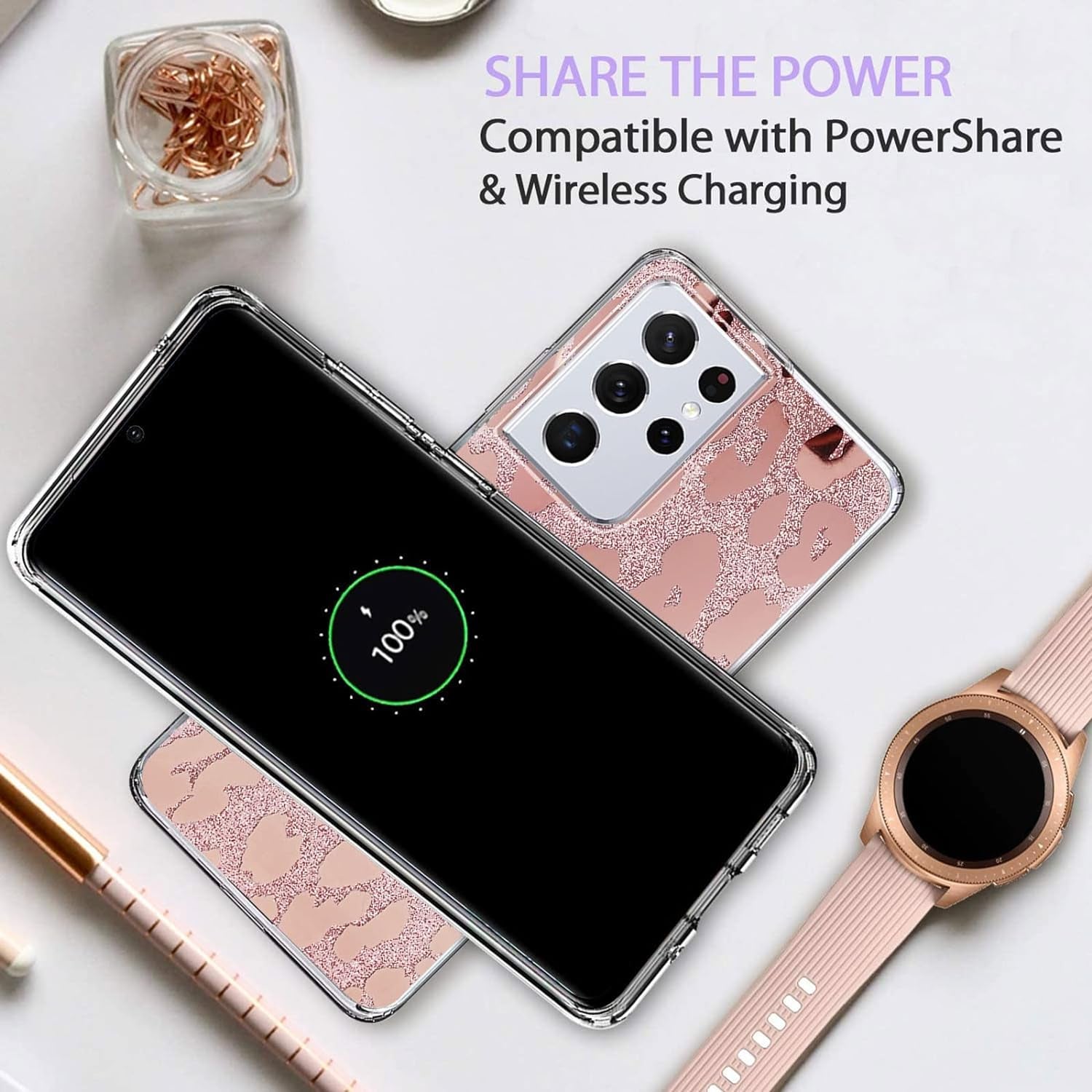 J.West Galaxy S21 Ultra 5G Case 6.8-Inch,Luxury Saprkle Bling Glitter Leopard Print Design Soft Metallic Slim Protective Phone Cases for Women Girls Clear TPU Bumper Silicone Cover Case Rose Gold  J.west   