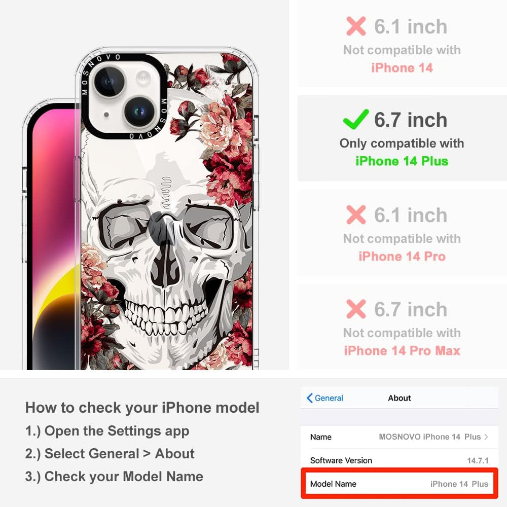 MOSNOVO Compatible with Iphone 14 plus Case, [Buffertech 6.6 Ft Drop Impact] [Anti Peel off Tech] Transparent Clear TPU Bumper Phone Case Cover with Floral Skull Designed for Iphone 14 plus 6.7"  MOSNOVO   