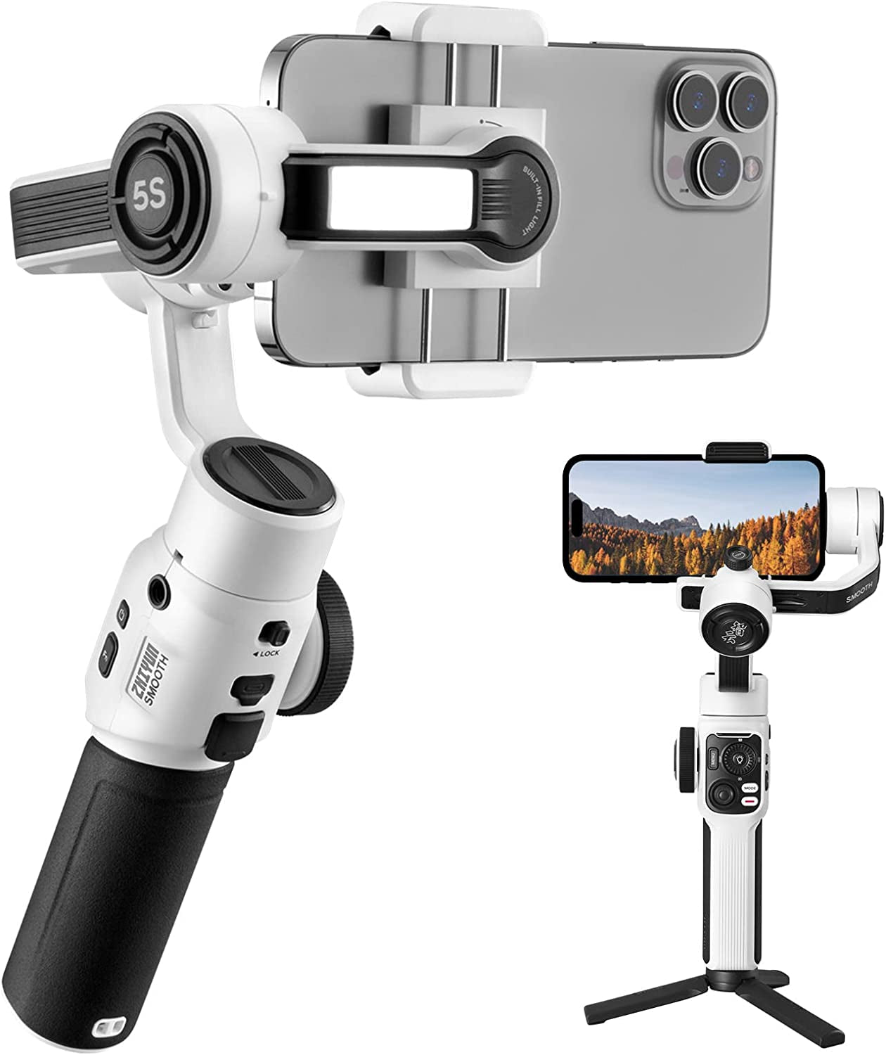 ZHIYUN Smooth 5S - 3-Axis Gimbal with Smart Follow, Gimbal Stabilizer for Iphone 14/13/12/11 Pro Max X and Android Phone, for Youtube Facebook Live Stream - Gray  ZHIYUN White  
