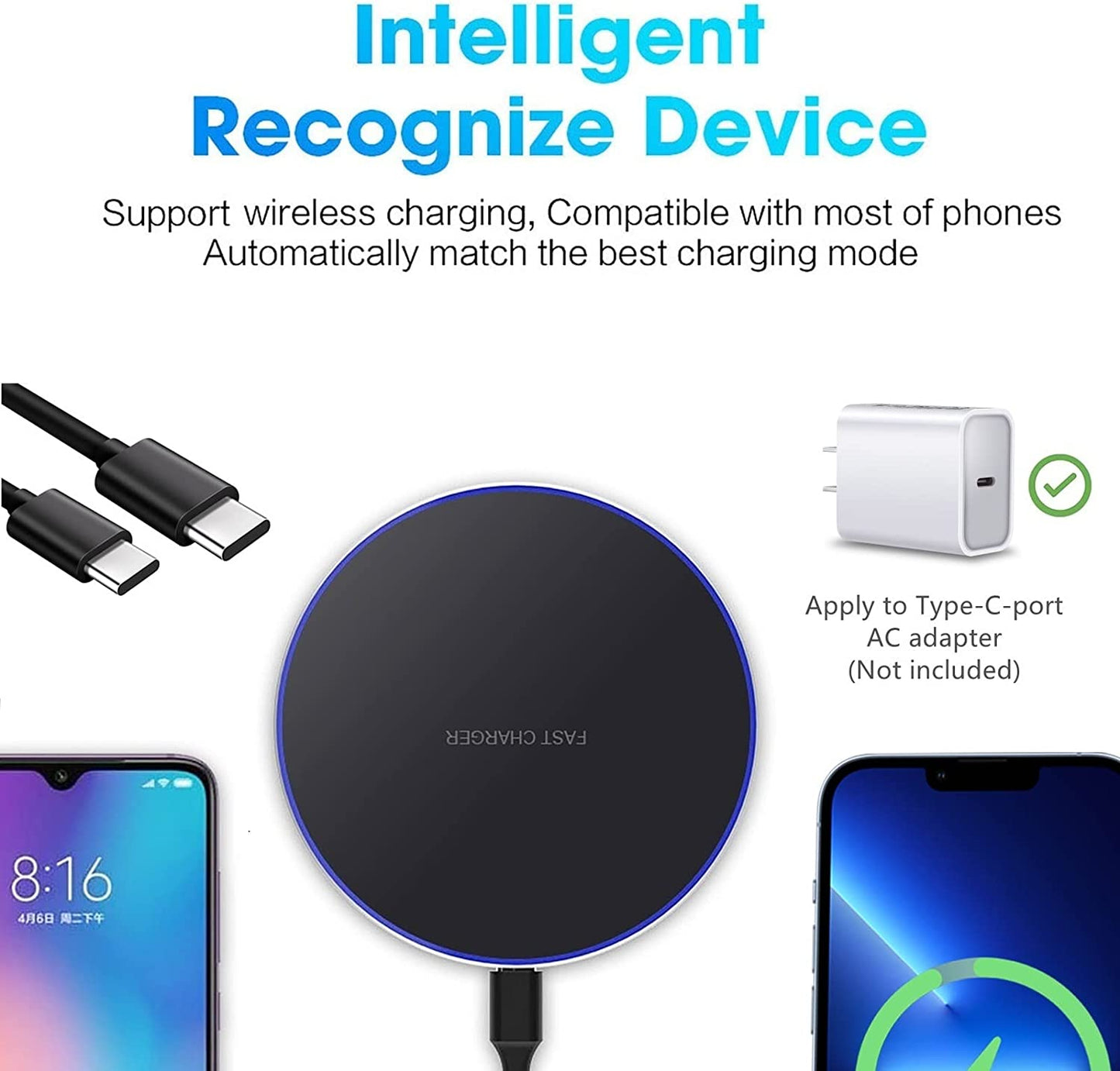 PDKUAI Wireless Charger,20W Max Fast Wireless Charging Pad with Type-C Cable Compatible with Iphone 13 14 12 11/Pro/Mini/Pro Max/Se/X/Xr/8/Airpods,Samsung Galaxy/S22/S21/Note 20/10(No AC Adapter)  PDKUAI   
