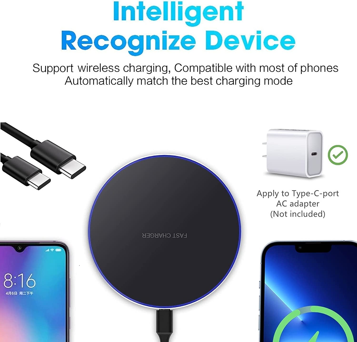 PDKUAI Wireless Charger,20W Max Fast Wireless Charging Pad with Type-C Cable Compatible with Iphone 13 14 12 11/Pro/Mini/Pro Max/Se/X/Xr/8/Airpods,Samsung Galaxy/S22/S21/Note 20/10(No AC Adapter)  PDKUAI   