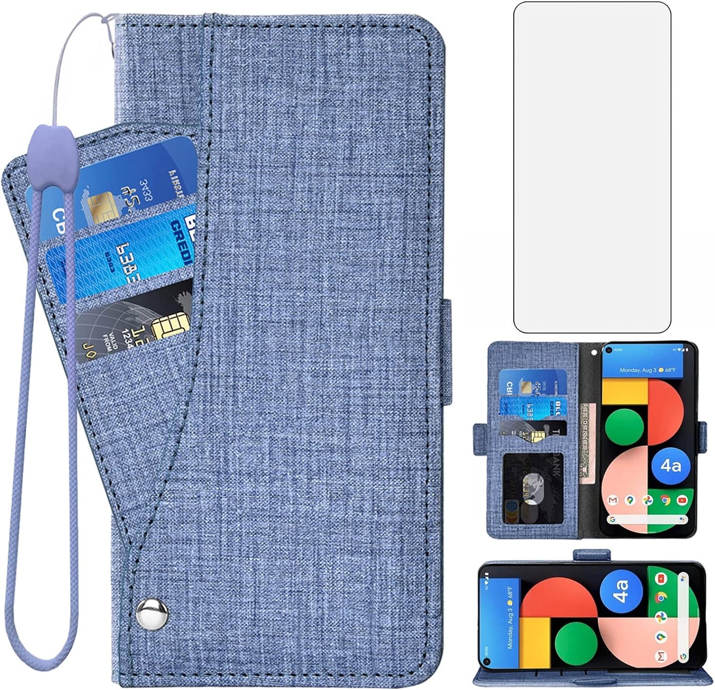 Asuwish Compatible with Google Pixel 4A 5G 6.2 Wallet Case Tempered Glass Screen Protector and Flip Cover Card Holder Stand Cell Phone Cases for Pixel4A5G UW Pixel4A 5G Pixle A4 G5 4A5G Women Men Blue  Asuwish   