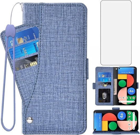 Asuwish Compatible with Google Pixel 4A 5G 6.2 Wallet Case Tempered Glass Screen Protector and Flip Cover Card Holder Stand Cell Phone Cases for Pixel4A5G UW Pixel4A 5G Pixle A4 G5 4A5G Women Men Blue  Asuwish   
