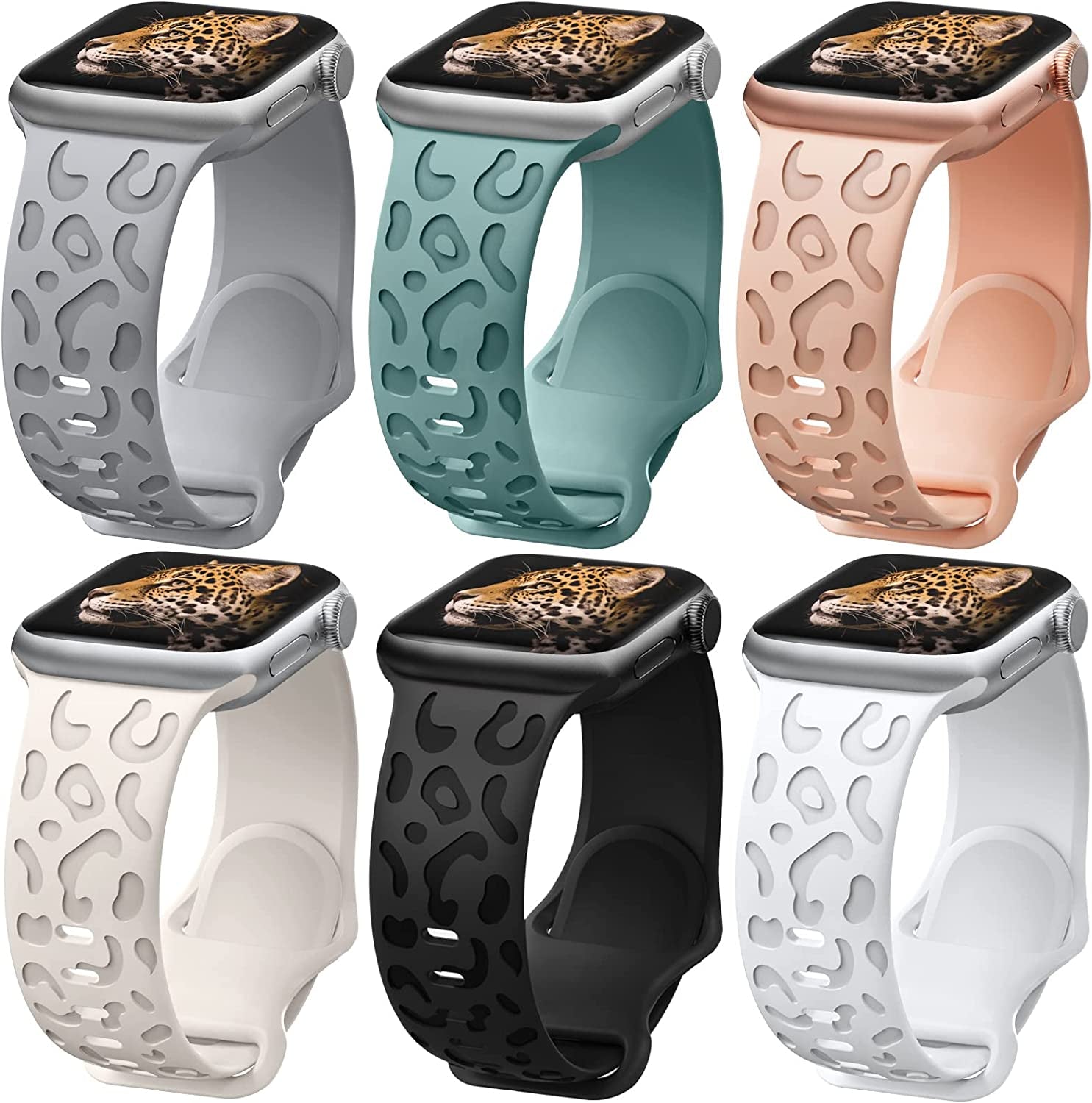 6 Pack Leopard Engraved Band Compatible with Apple Watch Band 38Mm 44Mm 45Mm 49Mm, Waterproof Cheetah Sport Silicone Wristbands Replacement for Iwatch Series 8 7 6 5 4 3 2 SE for Women Starlight-42  TurnForY F-Grey/ Pine Green/ Pink Sand/ Black/ Starlight/ White 42mm/44mm/45mm/49mm 