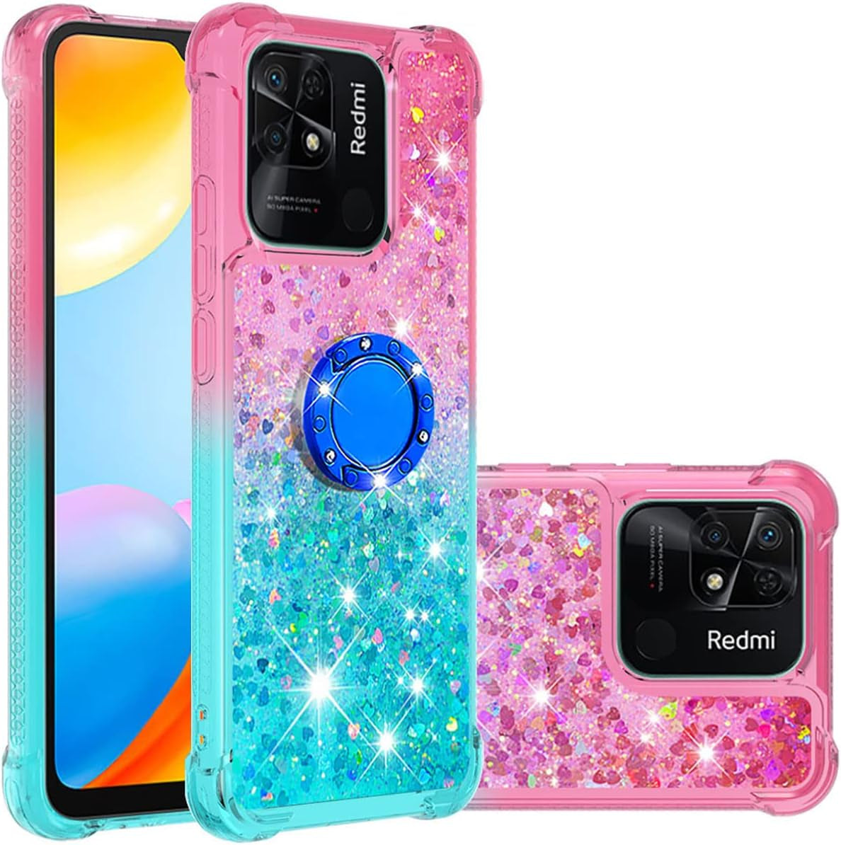Monwutong Phone Case for Xiaomi Redmi 10C, Shiny Bling Quicksand Effect TPU Bumper Case with Four Corners Protection Cover for Xiaomi Redmi 10C, Pink Blue  Monwutong   