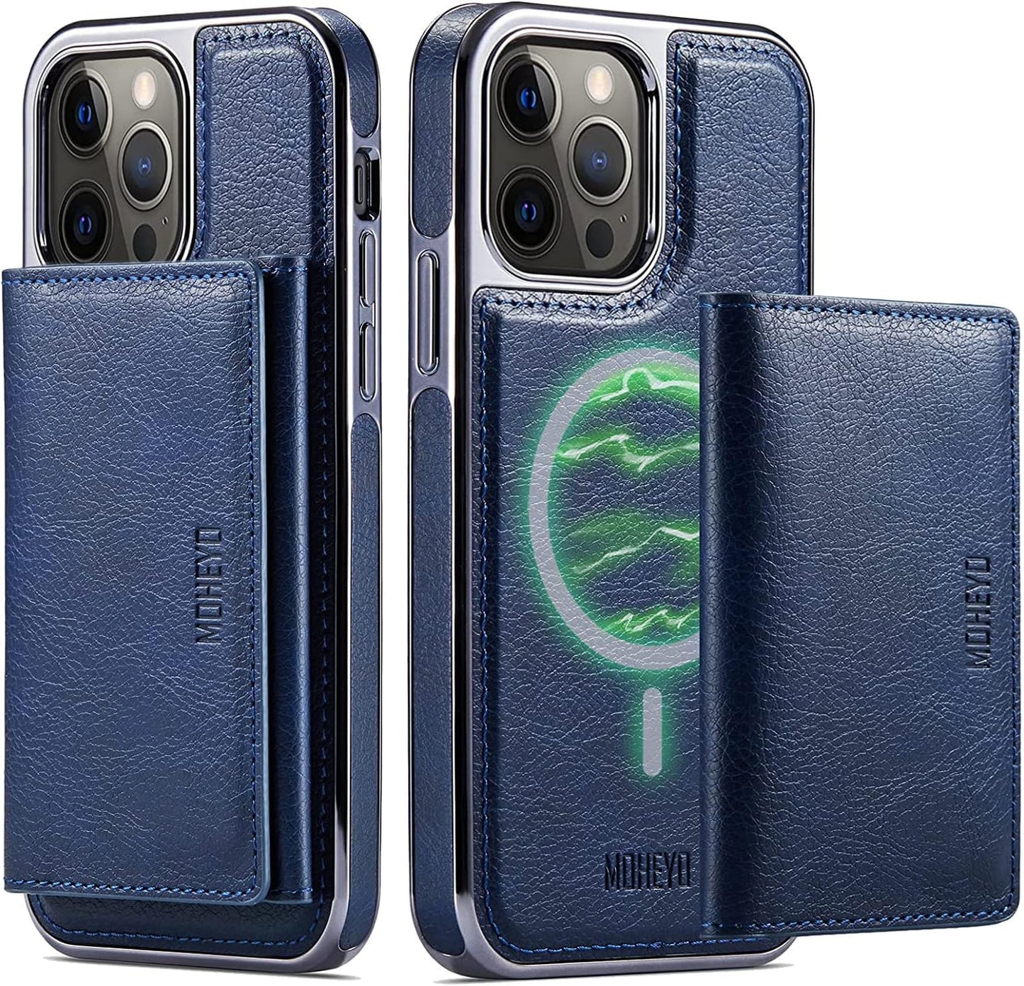 MOHEYO Designed for Iphone 13 Pro Max Case Compatible with Magsafe Charger Magnetic Removable Wallet Card Holder Slim Thin Leather Cover (Brown)  MOHEYO Blue  