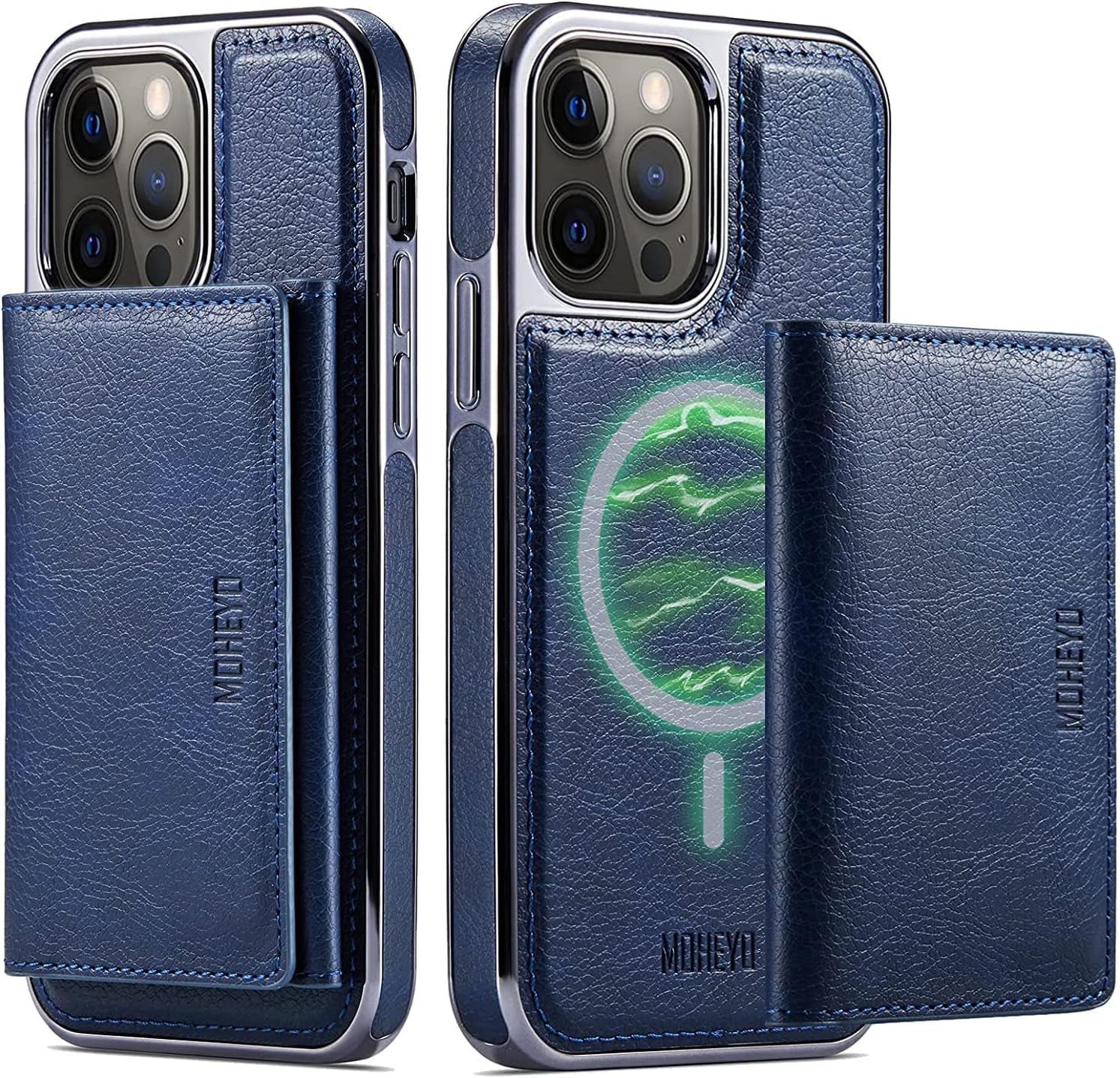 MOHEYO Designed for Iphone 13 Pro Max Case Compatible with Magsafe Charger Magnetic Removable Wallet Card Holder Slim Thin Leather Cover (Brown)  MOHEYO Blue  