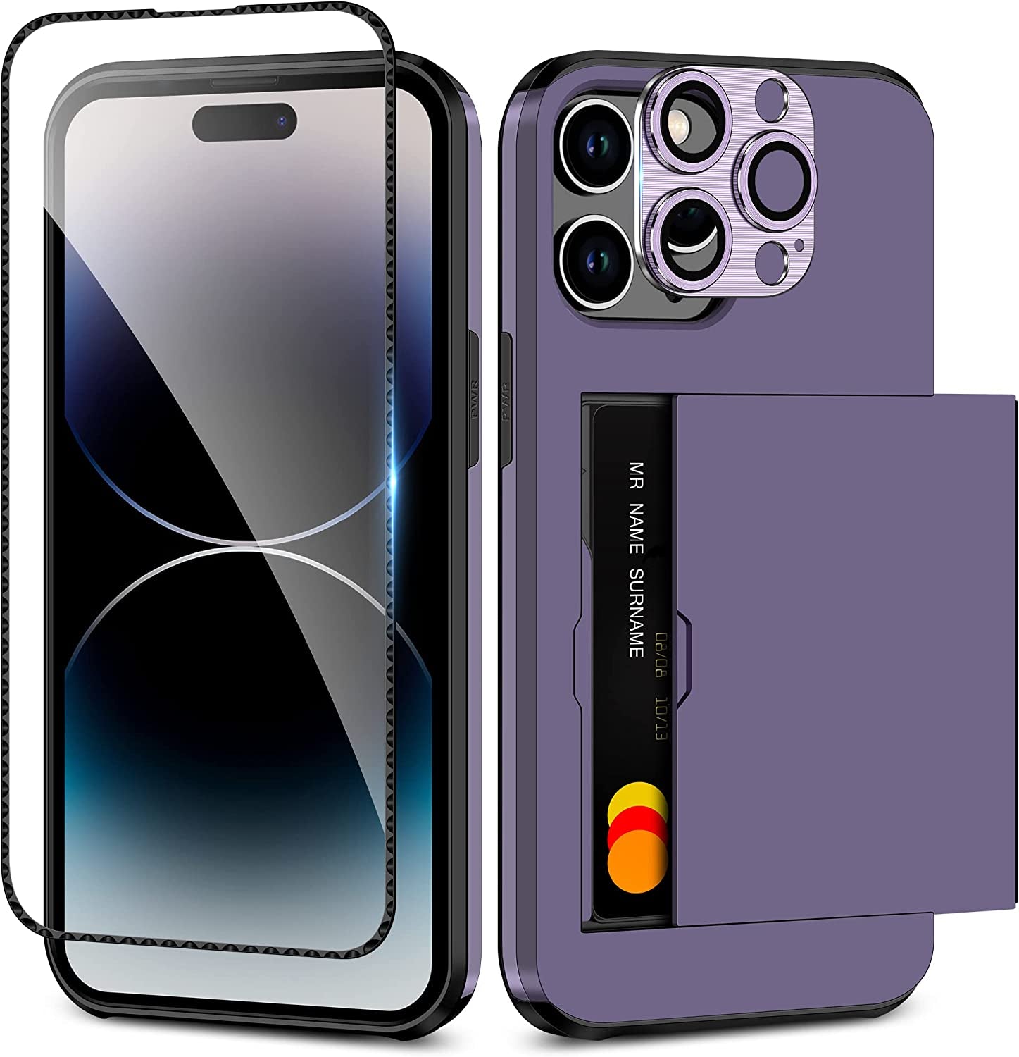 SAMONPOW for Iphone 14 Pro Case Wallet 4-In-1 Hybrid Iphone 14 Pro Protective Case with Card Holder & Screen Protector & Camera Cover Full Body Shockproof Bumper Cover Case for Iphone 14 Pro White  SAMONPOW Gray Purple  