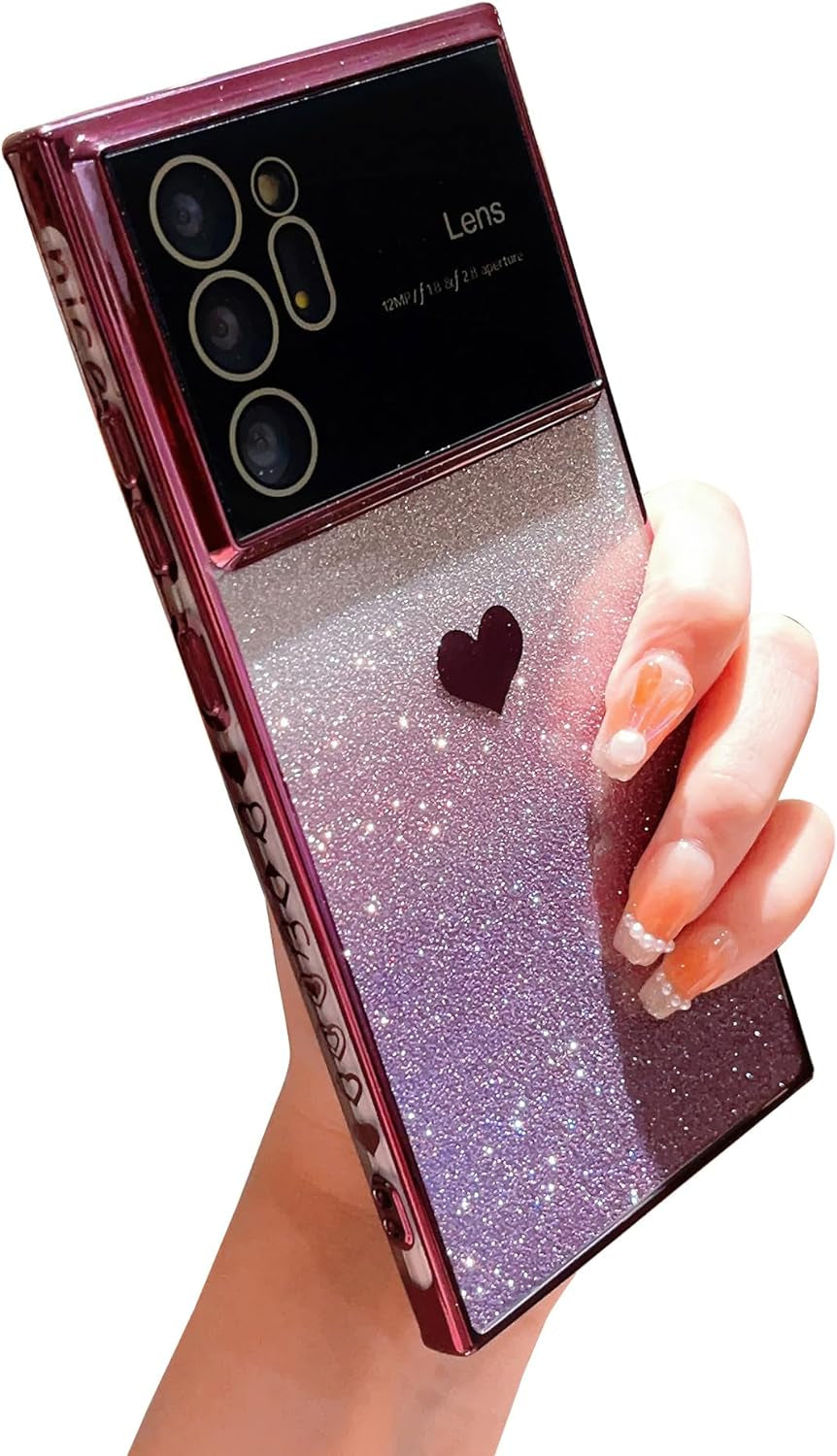 Phylla Gradient Glitter Heart for Samsung Galaxy Note 20 Ultra 5G Phone Case [Full Camera Lens Protector],Luxury Plating Slim Clear Case with Side Pattern,Soft Shockproof Protective Bumper (Gold)  PHYLLA Purple  
