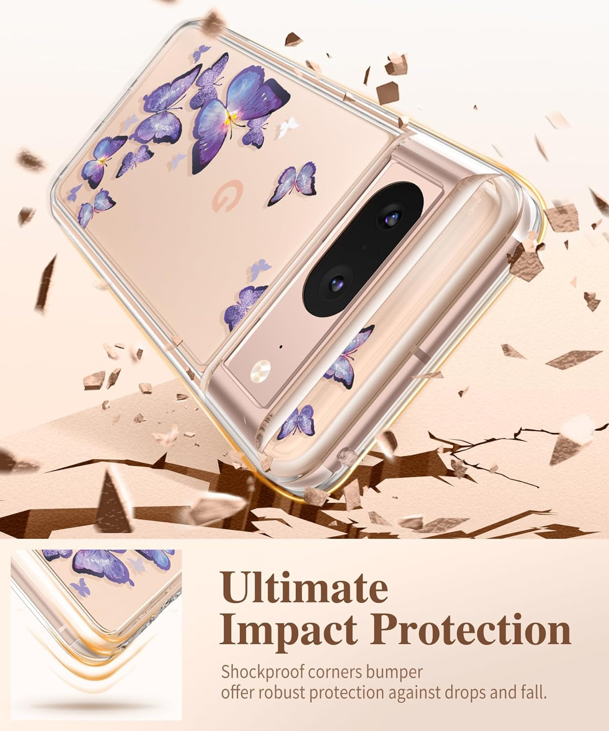 GVIEWIN Compatible with Google Pixel 8 Case with 2X Screen Protector, Clear Floral Slim Shockproof Protective Hard PC+TPU Bumper Flower Women Phone Case Cover 6.2'' 2023 (Alluring Butterfly/Purple)  GVIEWIN   