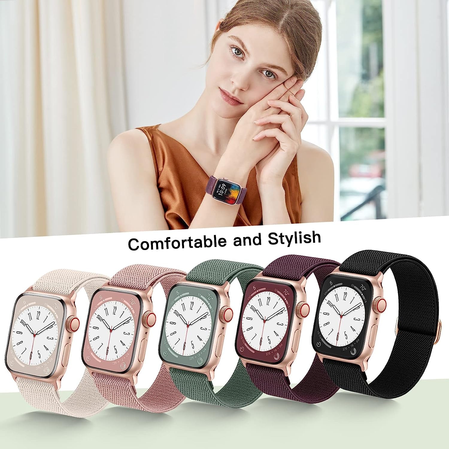 Ifuntec 6 Pack Stretchy Nylon Bands-Metal Connector-Compatible with Apple Watch Band 38Mm 40Mm 41Mm 42Mm 44Mm 45Mm 49Mm Women Men, Elastic Braided Strap for Iwatch Series Ultra 8/7/6/SE/5/4/3/2/1  iFuntec   