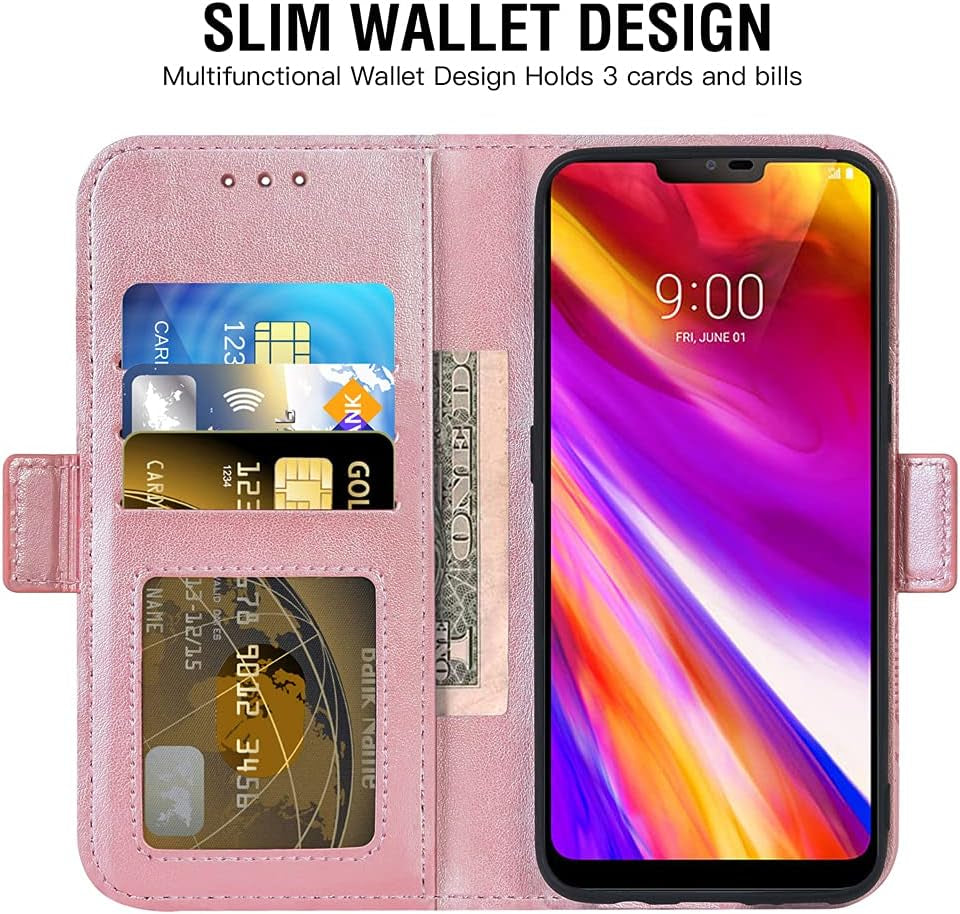 Compatible with LG G7 Thinq Wallet Case and Tempered Glass Screen Protector Flip Cover Card Holder Cell Phone Cases for LGG7 One G 7 plus LG7 Fit Lg7Thinq 7G Thin Q G7+ G7Thinq Lgg7Thinq Men Rose Gold  Asuwish   