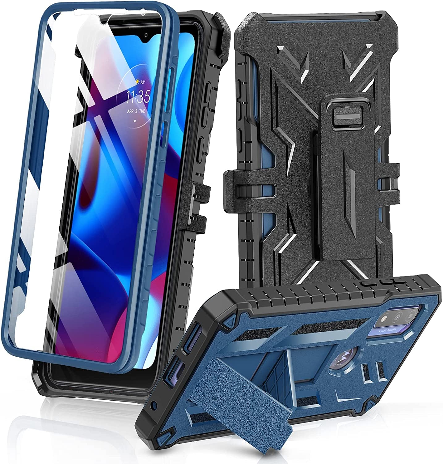WTYOO for Motorola Moto G Pure Phone Case, Moto G Power 2022/ G Play 2023 Case: with Belt-Clip Holster & Built-In Screen Protector & Kickstand, Full-Body Dual Layer Rugged Protective Phone Cover-Red  Motorola Moto G-Pure-RD Dark Blue  