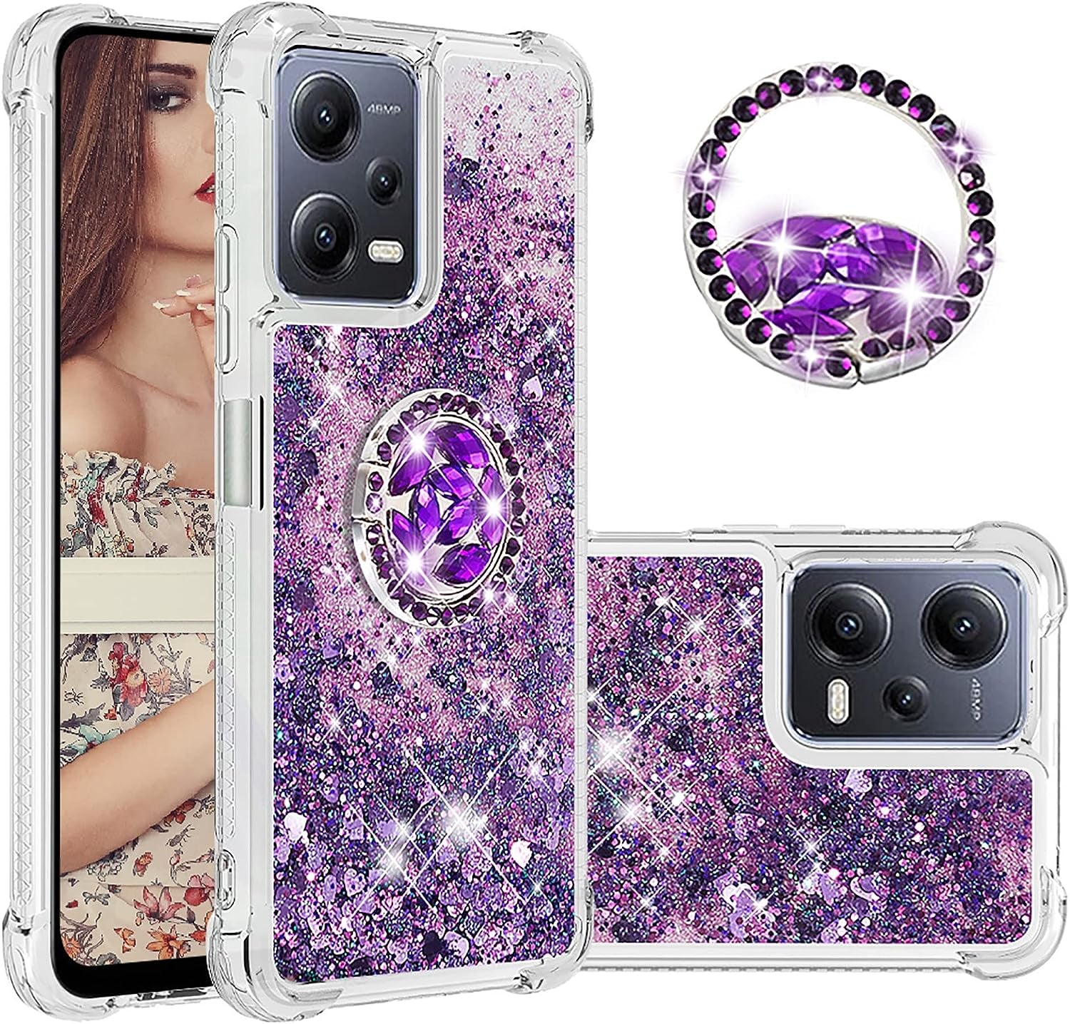 Ccsmall Glitter Clear Sparkly Bling Case for Xiaomi Redmi Note 12 4G, Flowing Liquid Quicksand Cover with Diamond Ring Holder Case for Xiaomi Redmi Note 12 4G LSZ Silver  CCSmall Purple Redmi Note 12 5G 