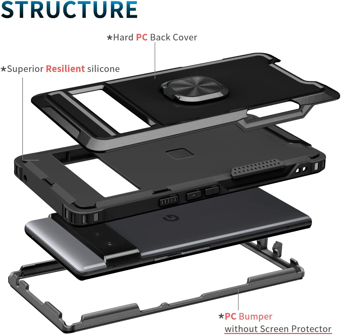 Petocase for Google Pixel 6 Pro Case Heavy Duty Full Body Shockproof Kickstand with 360°Ring Holder Support Car Mount Hybrid Bumper Silicone Hard Back Cover for Google Pixel 6 Pro 2021 6.71" Black  Petocase   