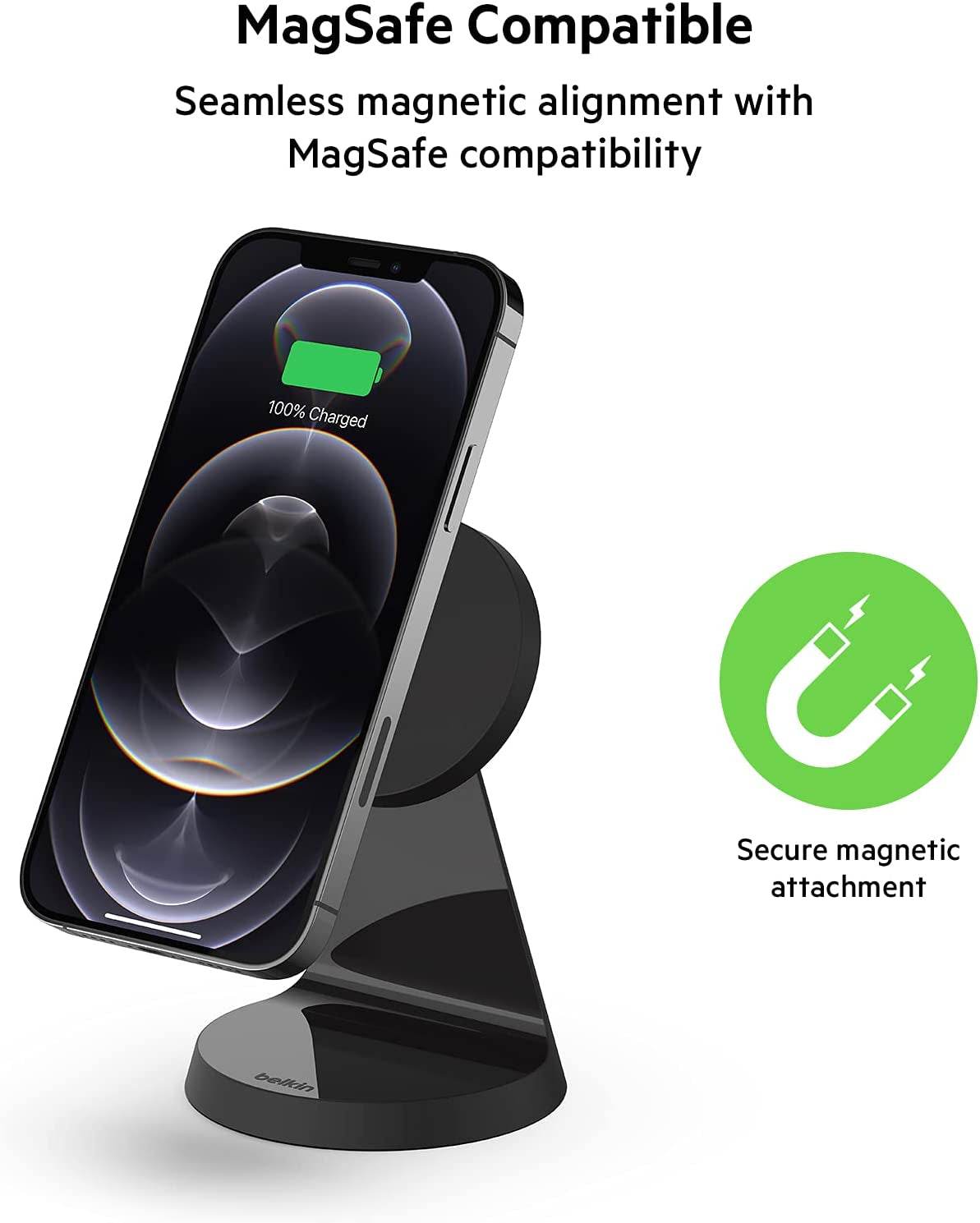 Belkin Magnetic Wireless Charger Stand - Magsafe Charger Compatible - Magnetic Iphone Charger - Wireless Charger - Works W/ Apple Iphone 14, Iphone 13 & Iphone 12 - Power Supply Not Included - Black  Belkin   