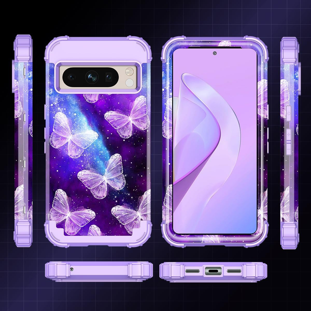 Rancase for Google Pixel 8 Pro Case,Three Layer Heavy Duty Shockproof Full Protection Hard Plastic Bumper+Soft Silicone Rubber Protective Girls Case for Google Pixel 8 Pro 6.7 Inch,Purple Butterfly  Rancase   