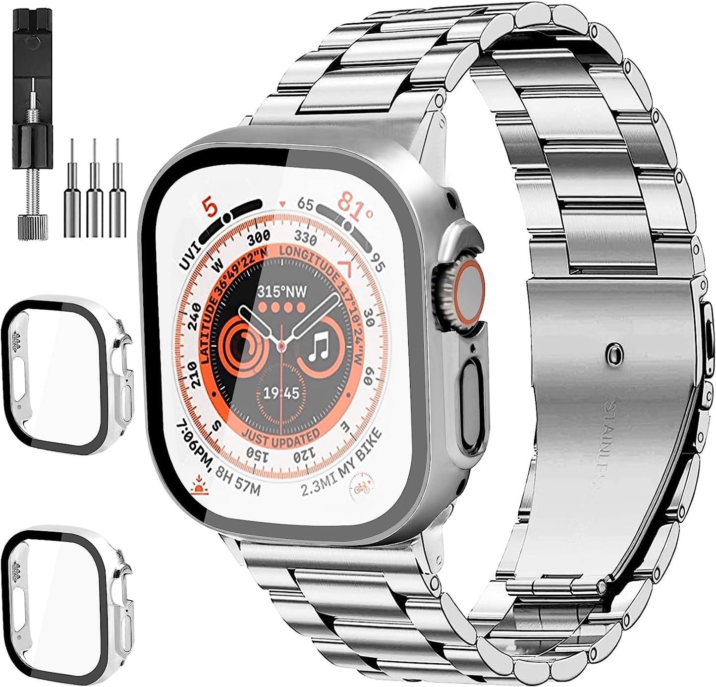 Bekomo Compatible with Apple Watch Band 49Mm 44Mm 45Mm 42Mm 40Mm 38Mm 41Mm, Stainless Steel Metal XL Large Iwatch Bands with 2 Pack Tempered Glass Screen Case for Series Ultra 8/7/6/5/4/3/2/1/SE for Men  Bekomo Silver 41mm 