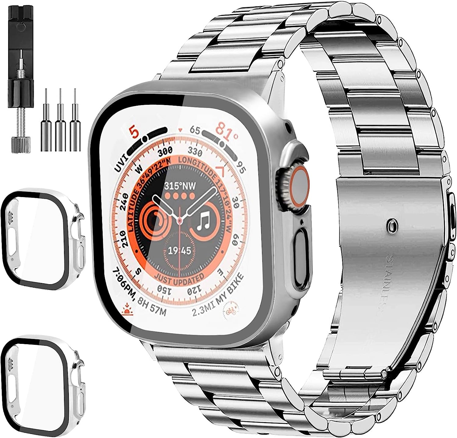 Bekomo Compatible with Apple Watch Band 49Mm 44Mm 45Mm 42Mm 40Mm 38Mm 41Mm, Stainless Steel Metal XL Large Iwatch Bands with 2 Pack Tempered Glass Screen Case for Series Ultra 8/7/6/5/4/3/2/1/SE for Men  Bekomo Silver 41mm 