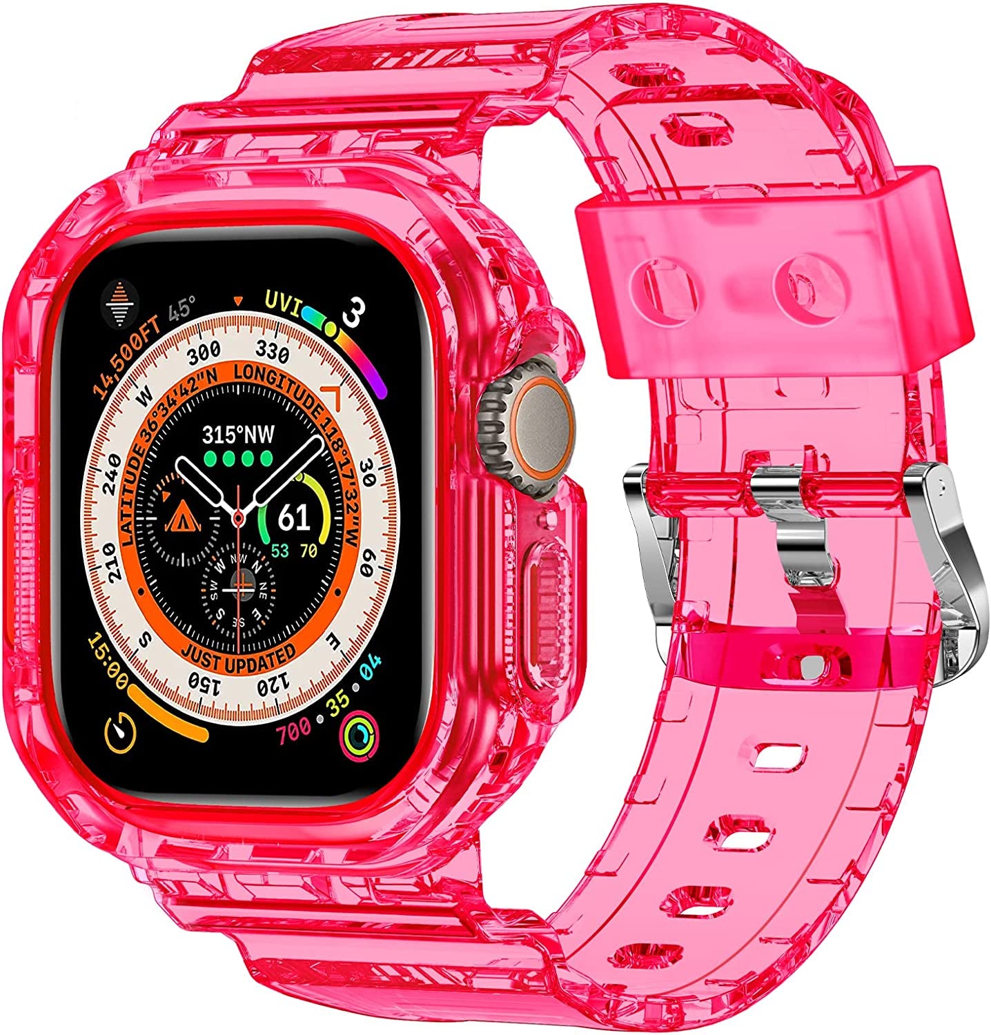 XYF Compatible for Crystal Clear Apple Watch Bands, 45Mm 44Mm 42Mm 41Mm 40Mm 38Mm 49Mm with Bumper Case for Men Women Jelly Sport Case and Band for Iwatch Ultra Series 8 7 SE/6 5 4 3 2 1  XYF Hot Pink49mm 49mm 