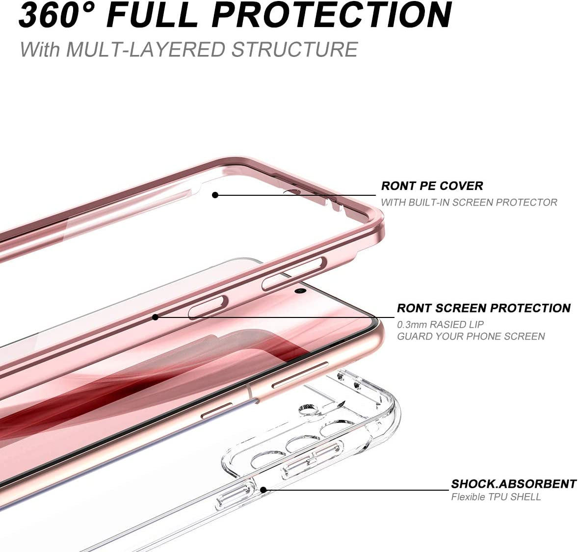 SURITCH for Samsung Galaxy S21 Clear Case 6.2" (Only), [Built-In Screen Protector] Full Body Protective Hard Shell+Soft TPU Phone Case for Samsung S21 -(Rose Gold Edge)  SURITCH   